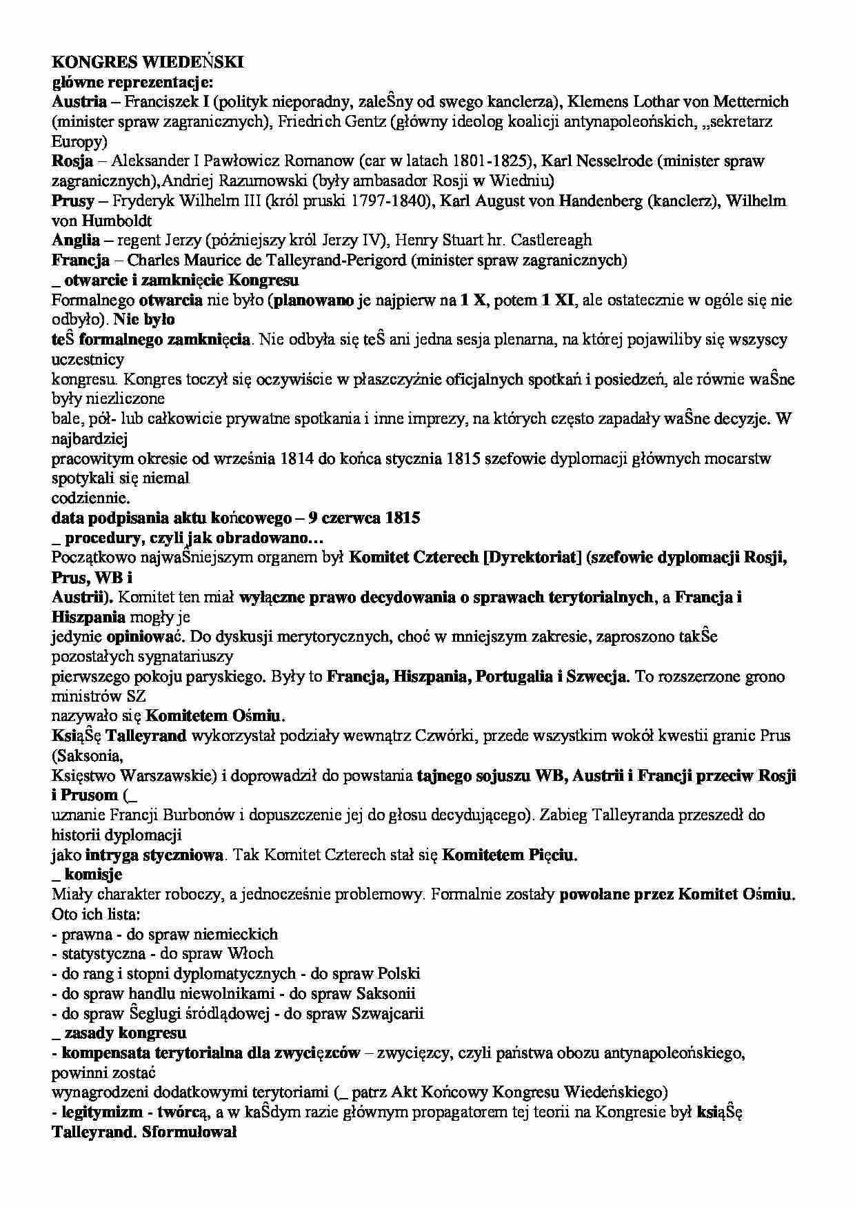 KONGRES WIEDEŃSKI - główne reprezentacje - strona 1