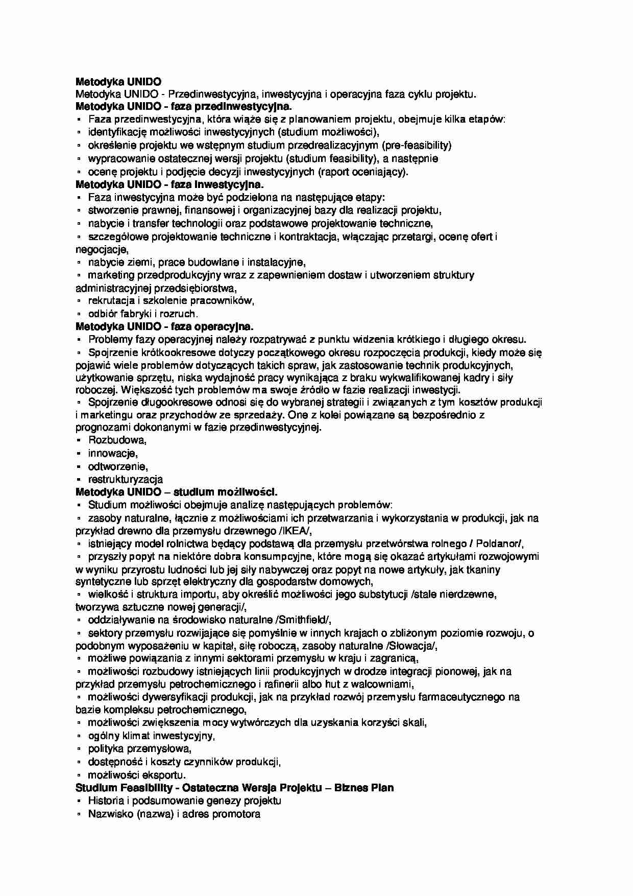 Metodyka UNIDO i Biznes Plan - strona 1