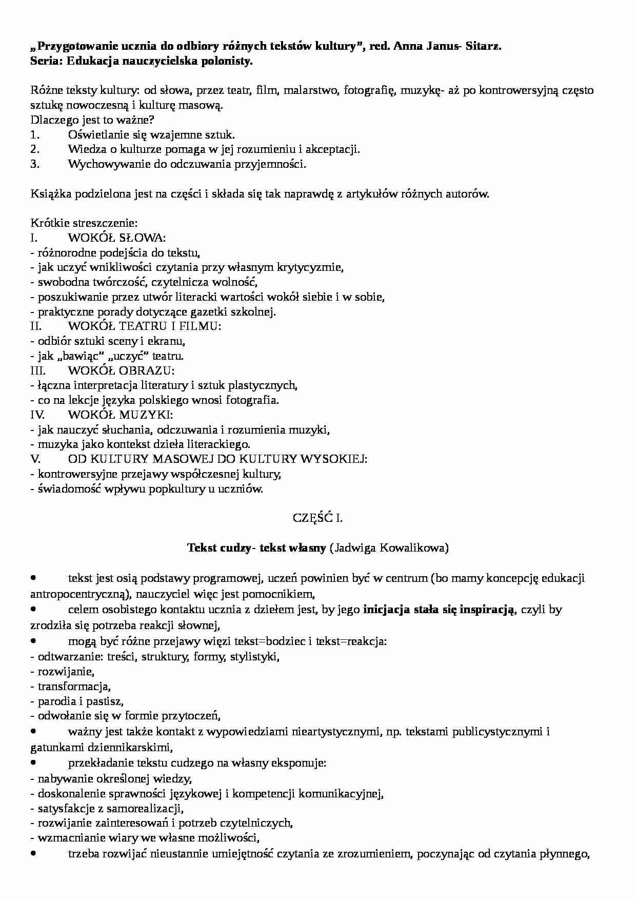 Przygotowanie ucznia do odbioru różnych tekstów ku - strona 1