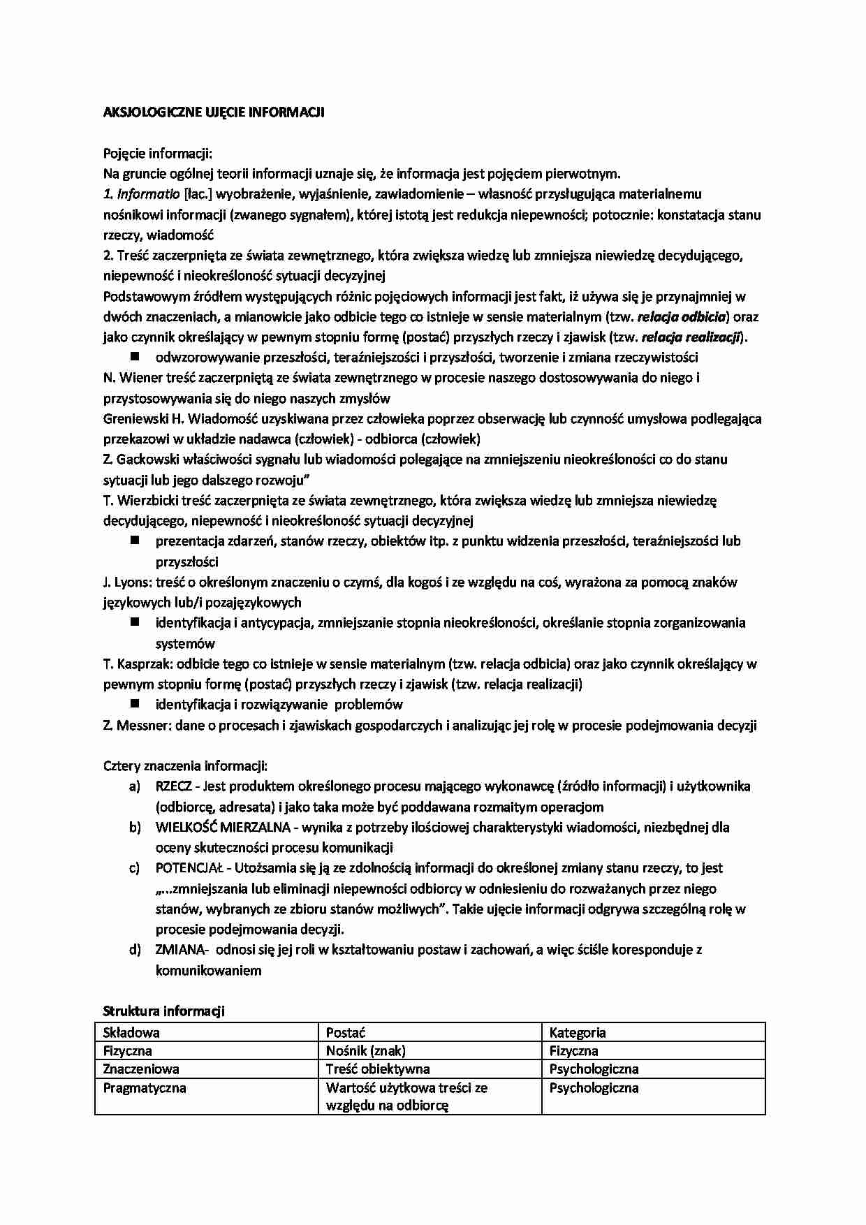 Aksjologiczne ujęcie informacji - Teoria informacji - strona 1