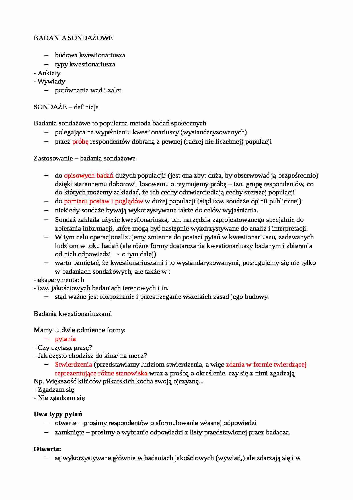 Badania sondażowe - budowa i typy kwestionariusza - opracowanie - strona 1