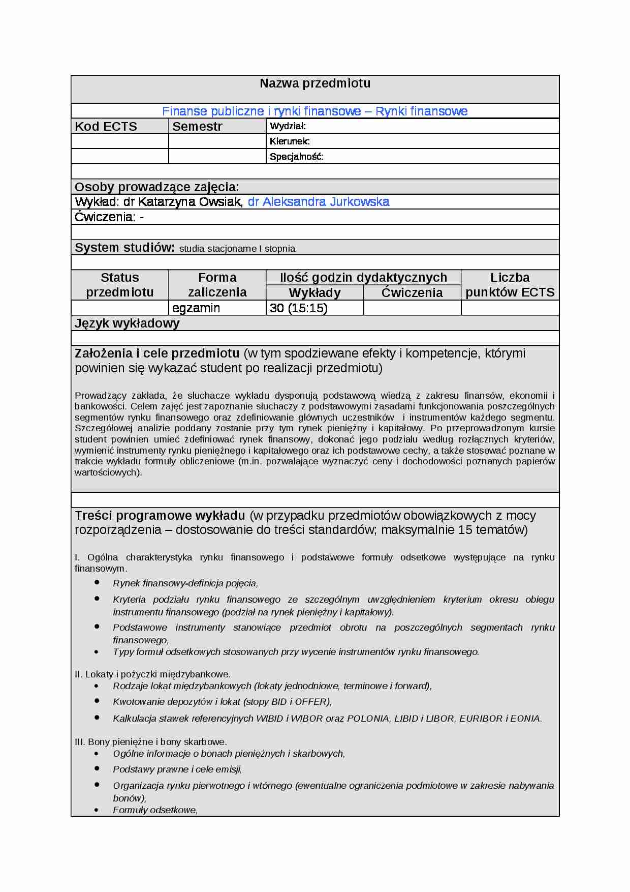 Finanse publiczne i rynki finansowe - o przedmiocie - strona 1