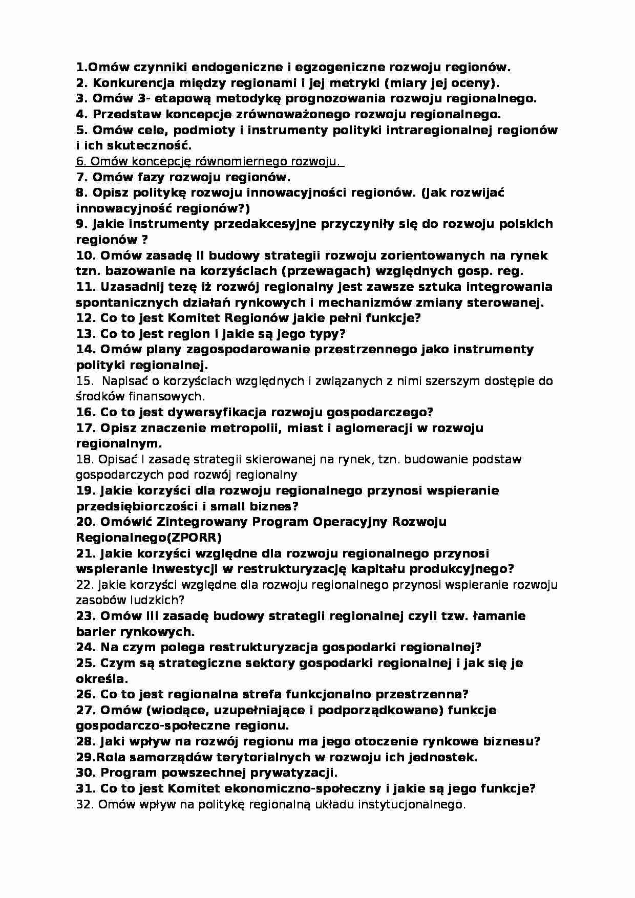 Gospodarka regionalna pytania na egzamin - strona 1