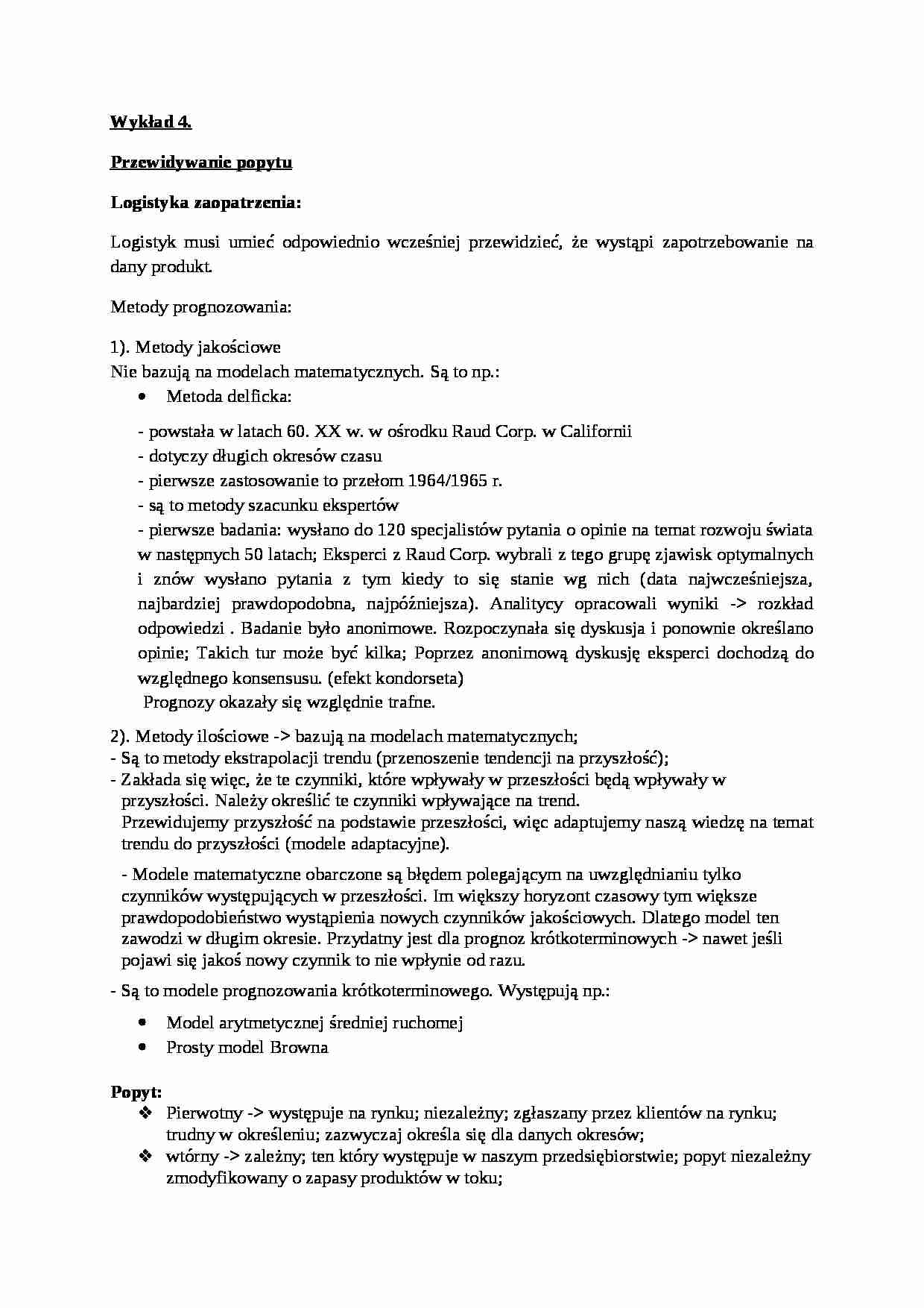 Przewidywanie popytu - logistyka WYKŁAD 4 - strona 1