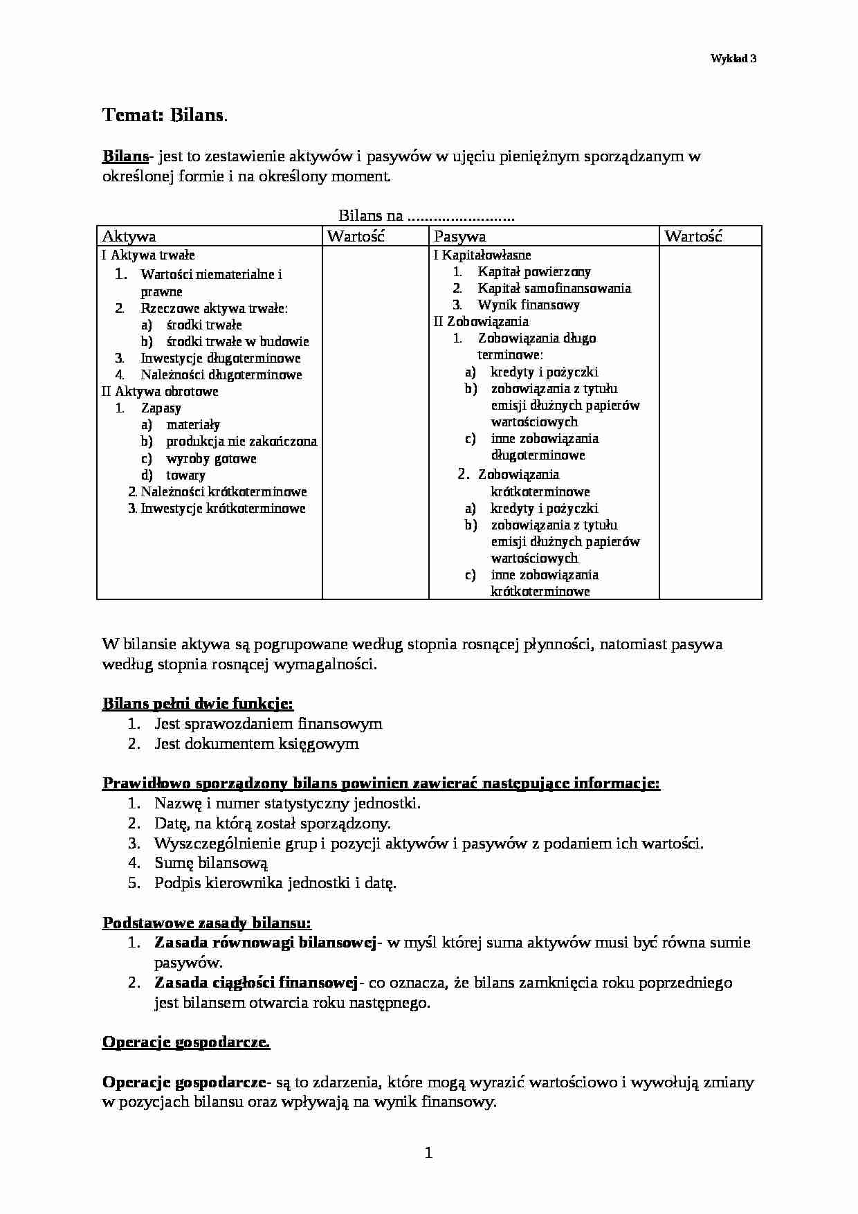 Rachunkowość- bilans, operacje gospodarcze - strona 1