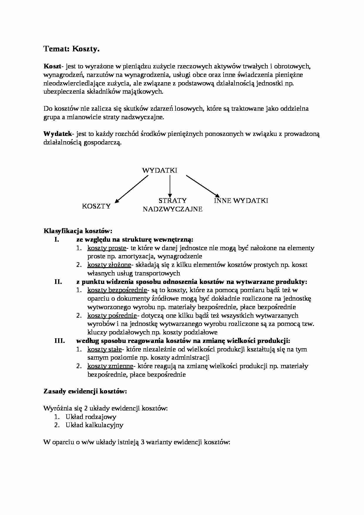 Koszty. Klasyfikacja kosztów, zasady ewidencji kosztów - strona 1