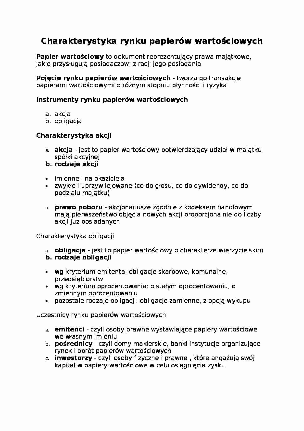 Charakterystyka rynku papierów wartościowych - Papier wartościowy - strona 1