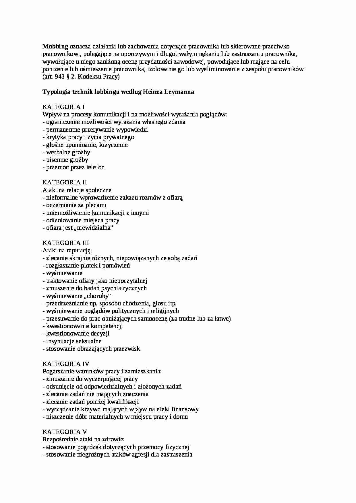 mobbing - techniki lobbingu według Heinza Leymanna - strona 1