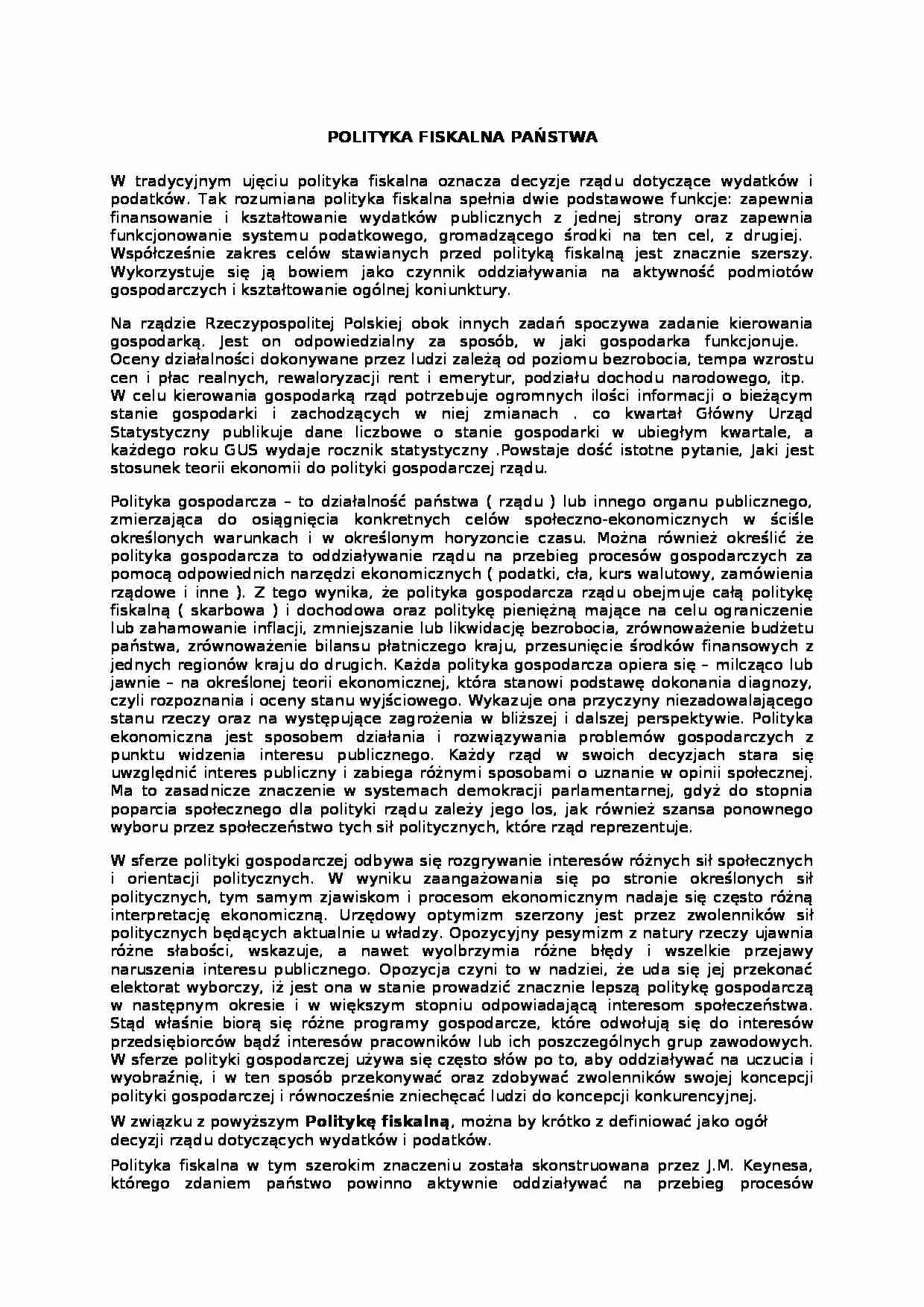 Polityka fiskalna państwa - Polityka gospodarcza - strona 1