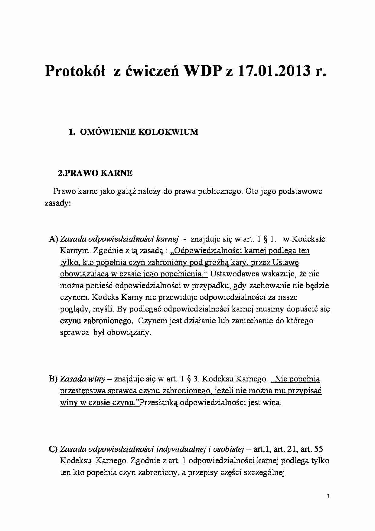 Protokół z ćwiczeń- prawo karne - strona 1