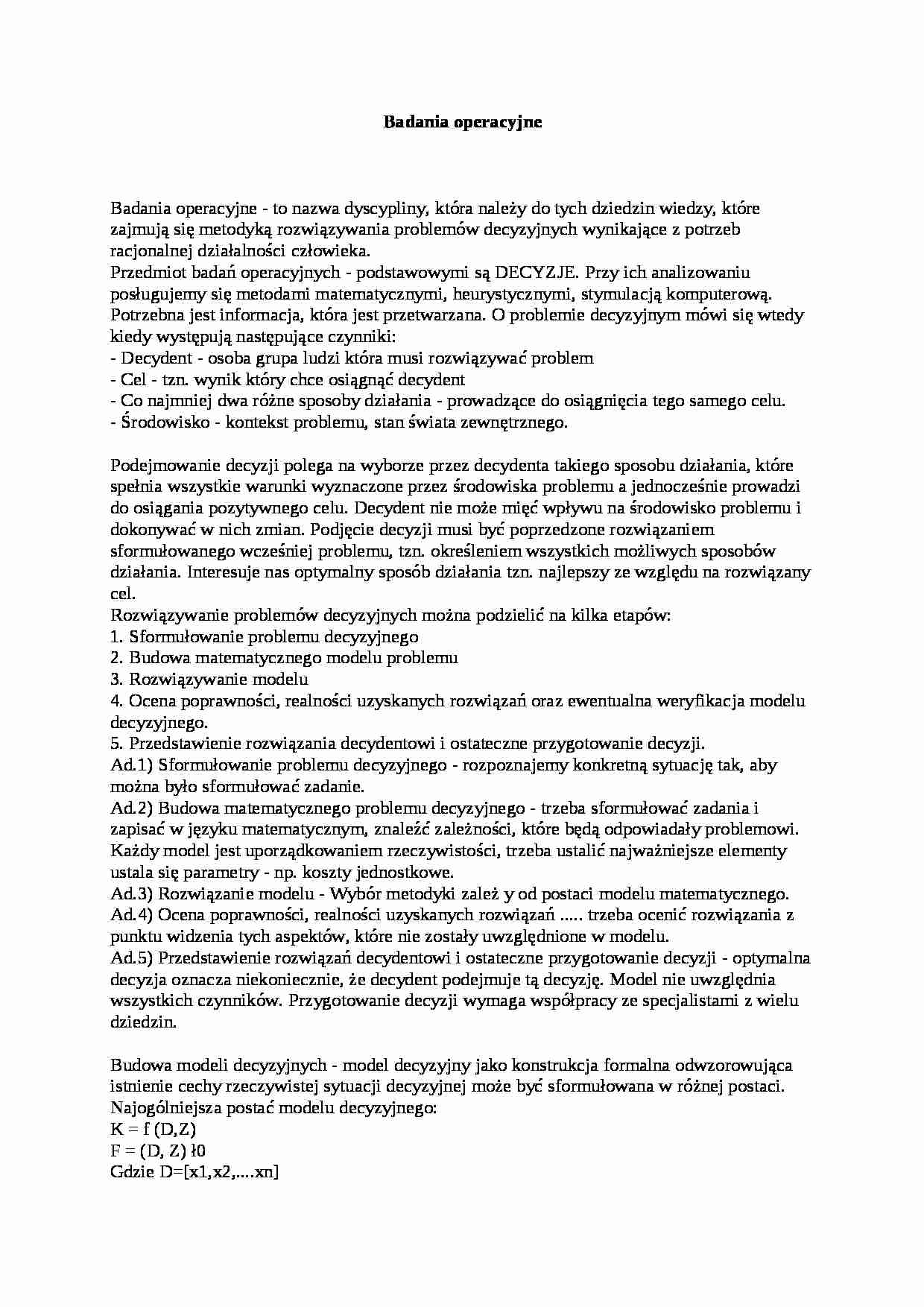 badania operacyjneteoria - Model decyzyjny - strona 1