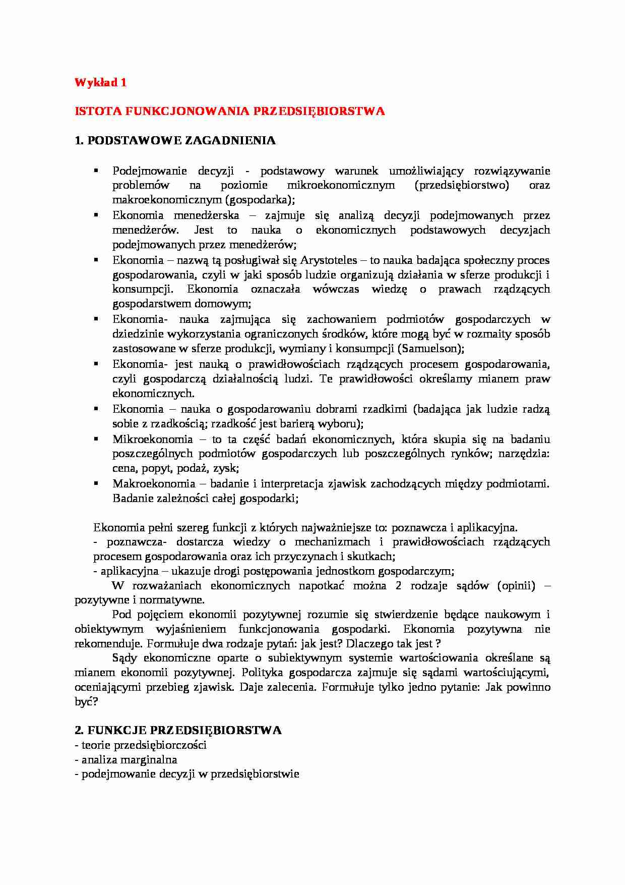ISTOTA FUNKCJONOWANIA PRZEDSIĘBIORSTWA - wykłady - strona 1