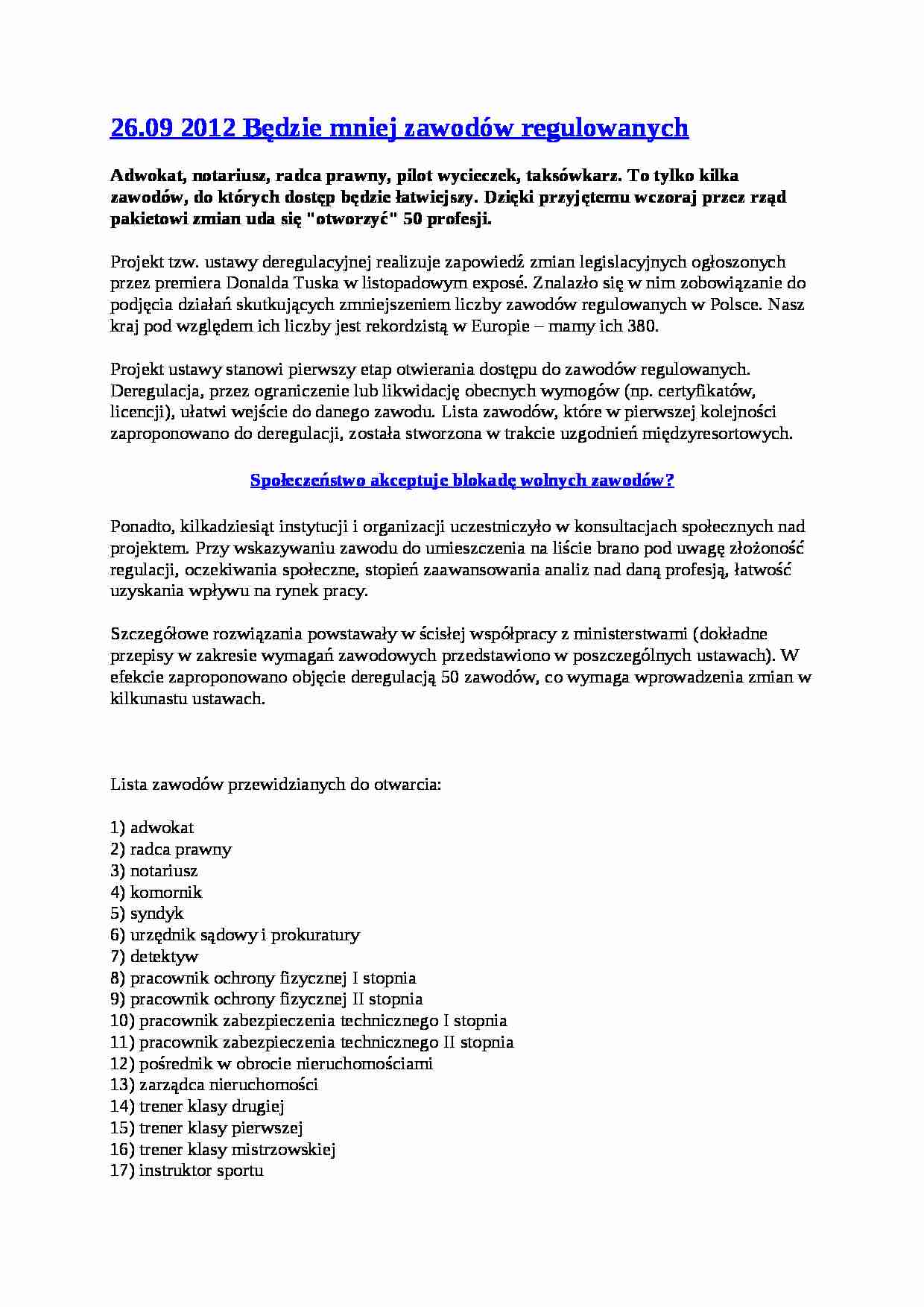 planowanie rozwoju regionalnego, Deregulacja zawodów - strona 1