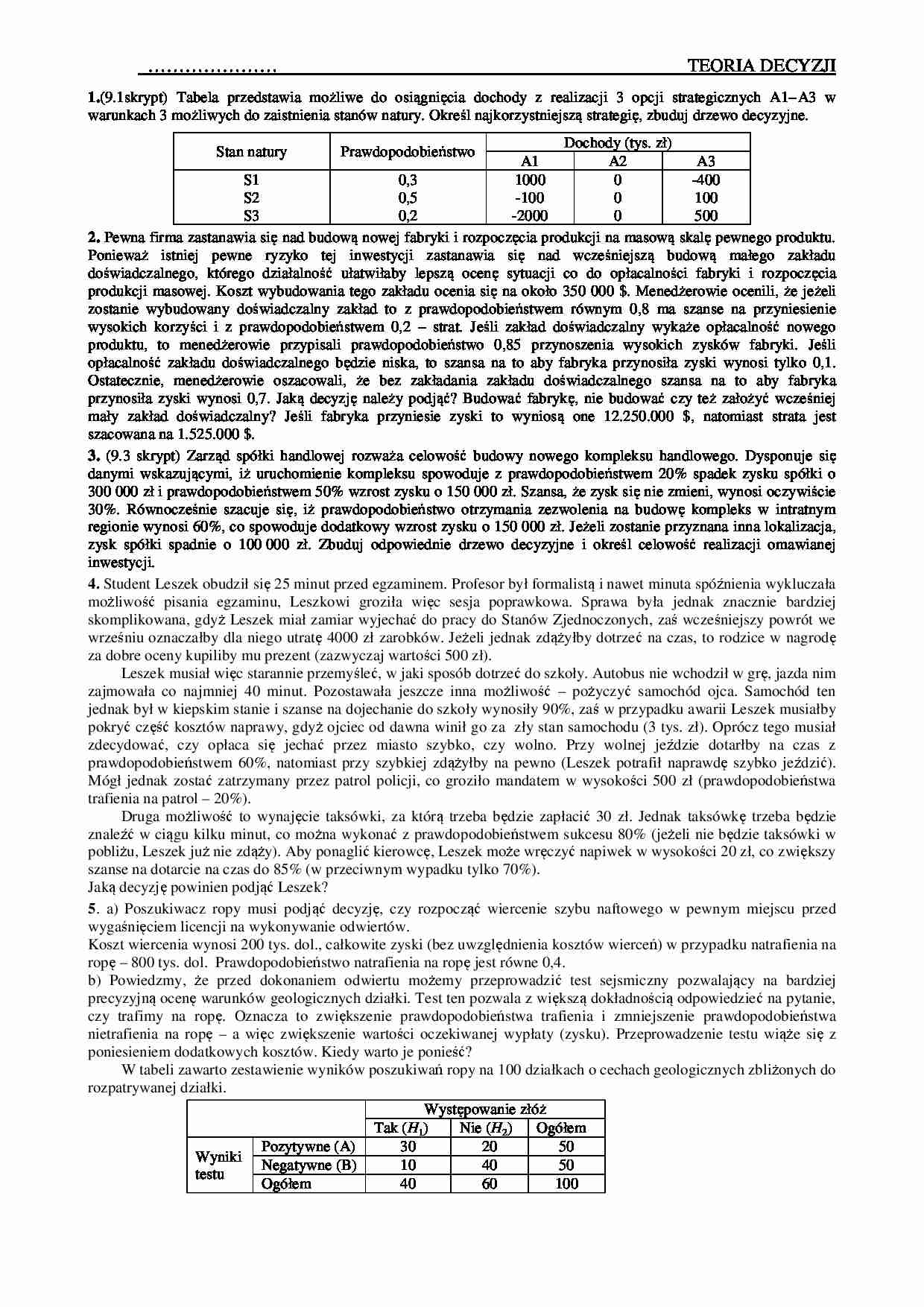 Teoria_decyzji zadania - ćwiczenia  - strona 1