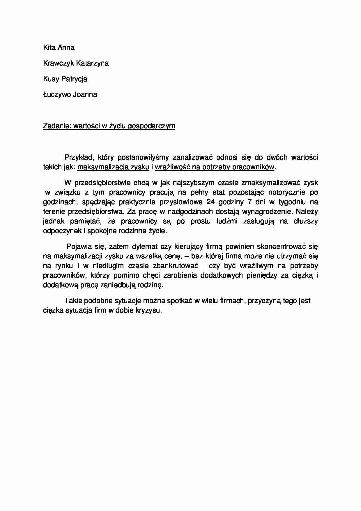 etyka w zarządzaniu - Zadanie: wartości w życiu gospodarczym - strona 1