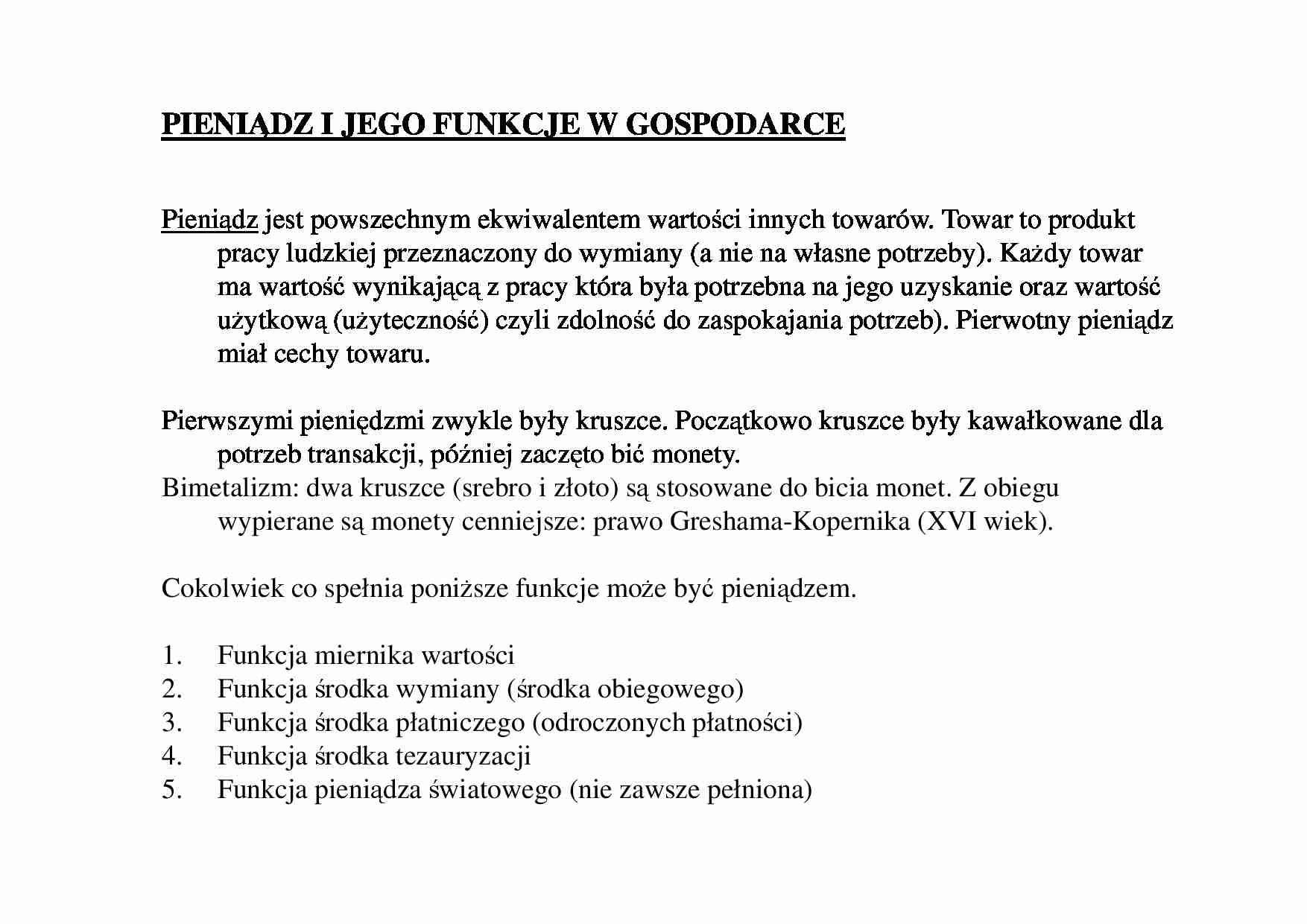 PIENIĄDZ I JEGO FUNKCJE W GOSPODARCE - strona 1