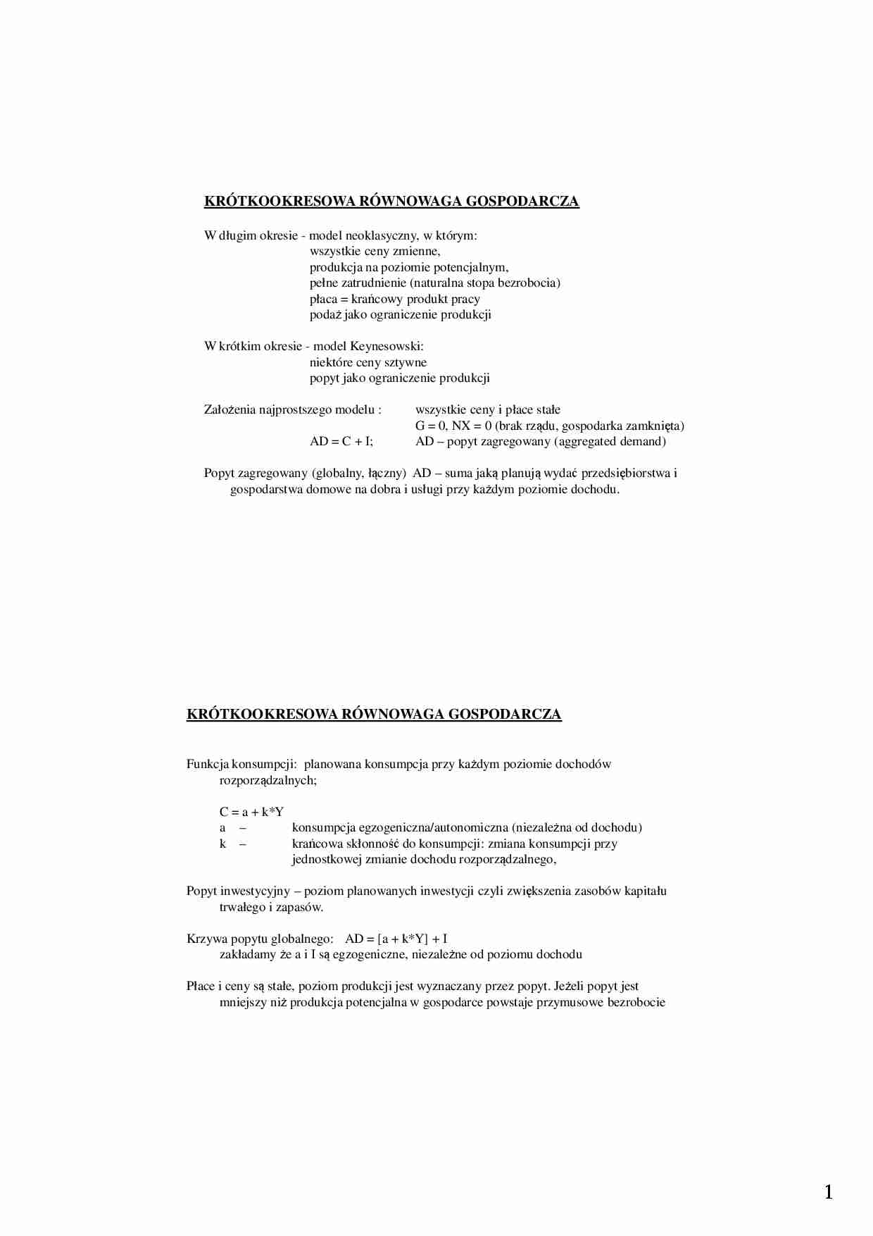 KRÓTKOOKRESOWA RÓWNOWAGA GOSPODARCZA - strona 1