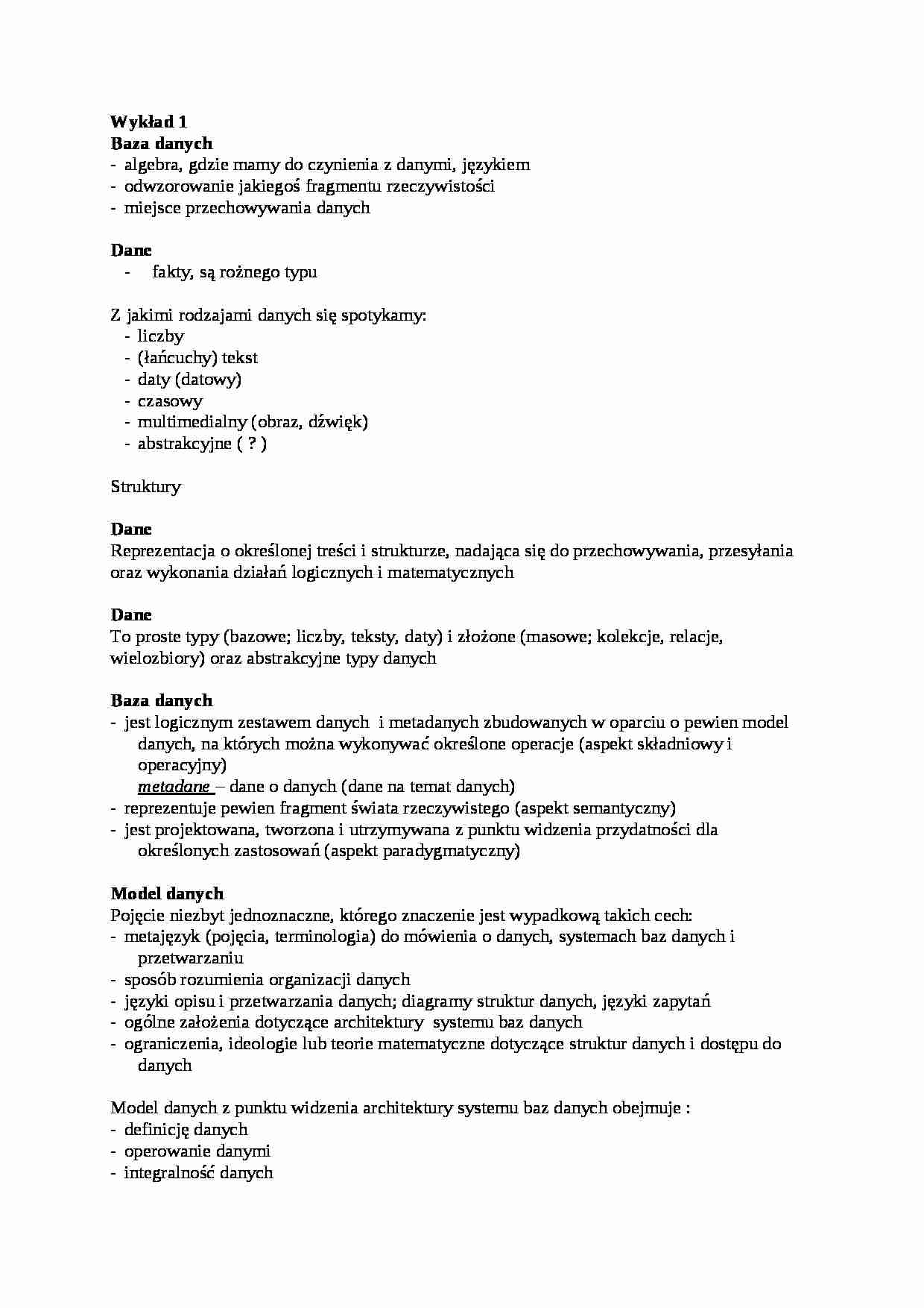 Bazy danych - notatki z wykładów - strona 1