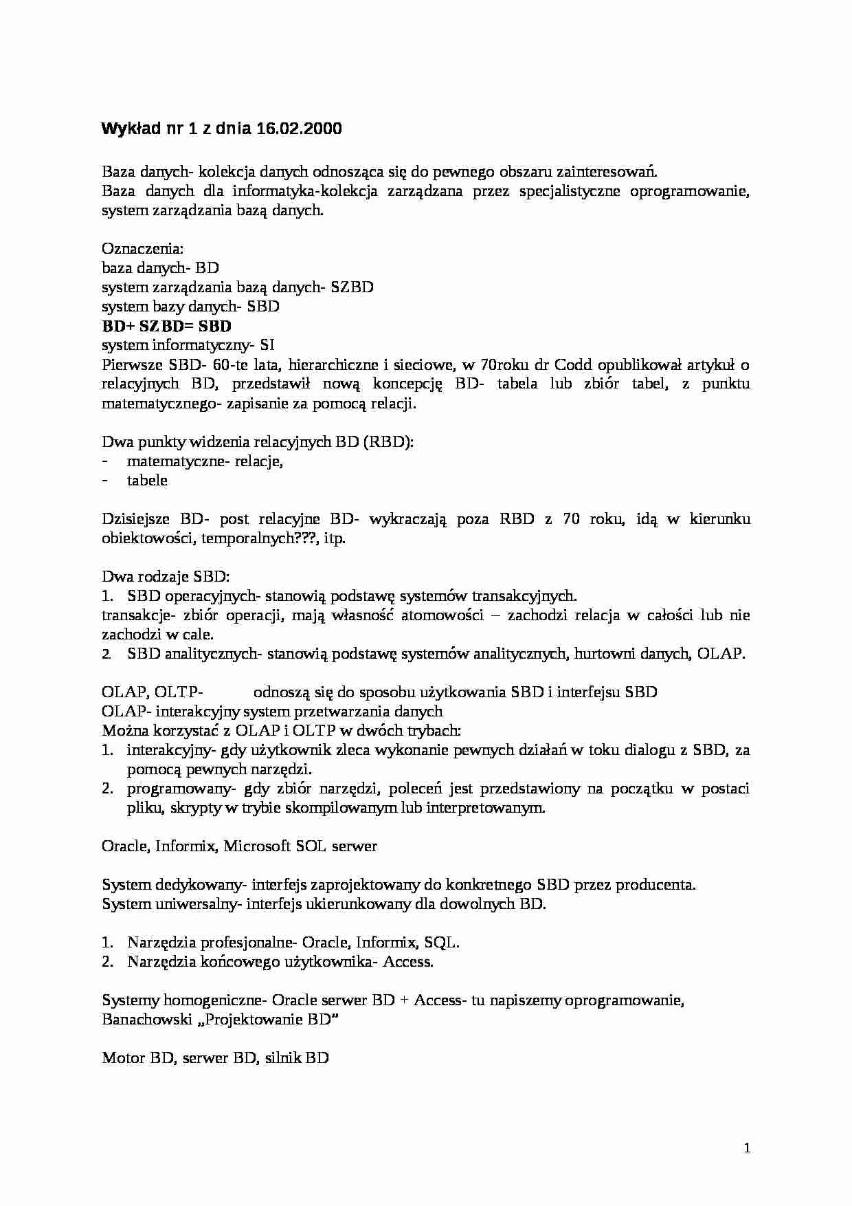 Bazy Danych wykłady informatyka - strona 1