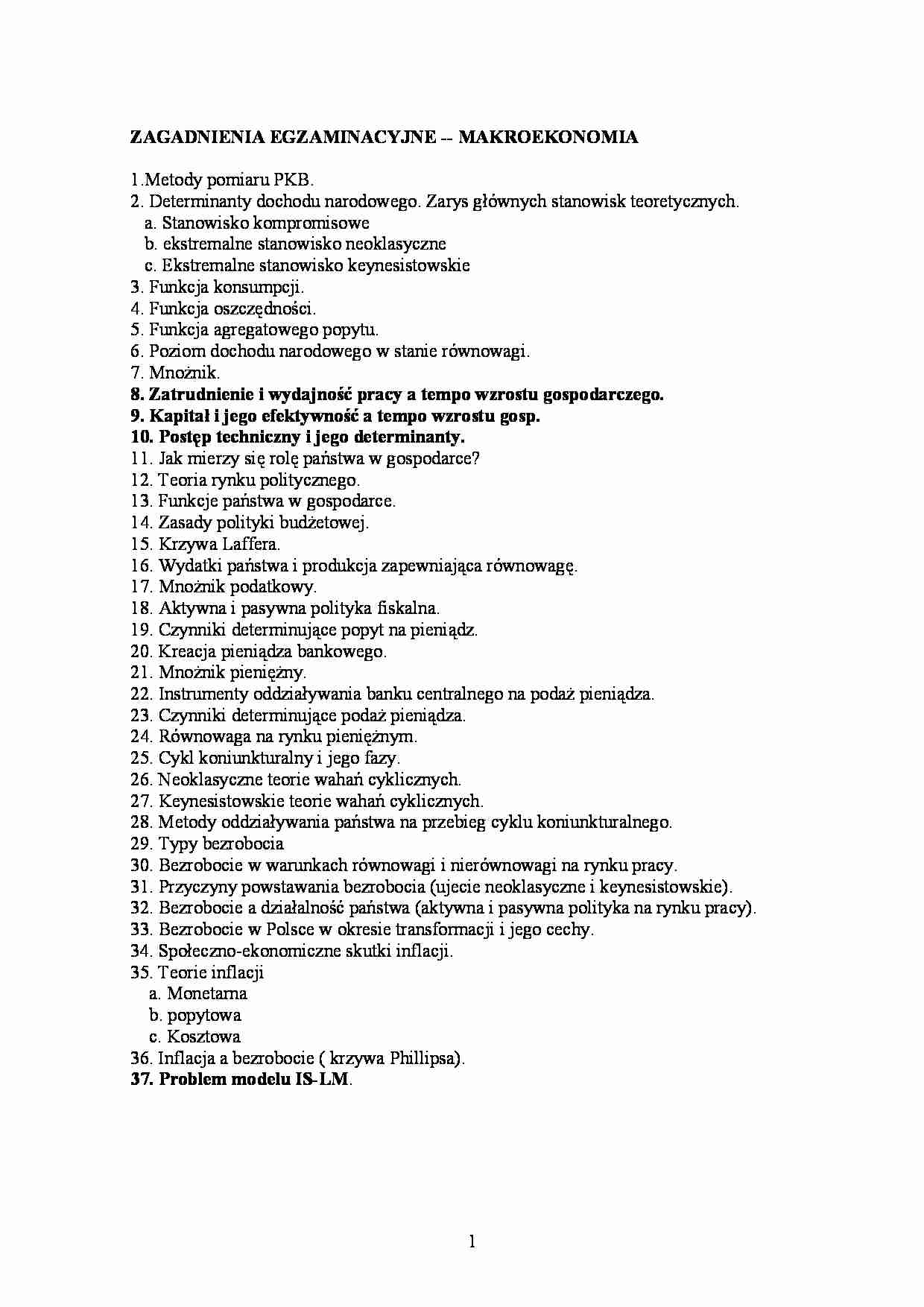 ZAGADNIENIA EGZAMINACYJNE - MAKROEKONOMIA  - strona 1