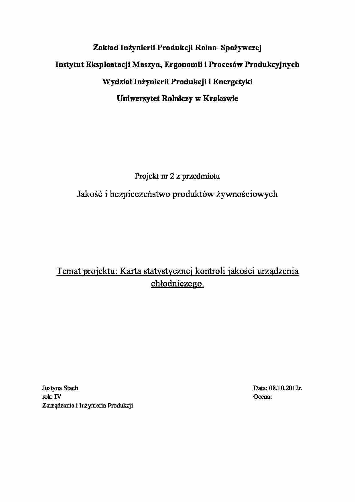 Karta statystycznej kontroli jakości urządzenia chłodniczego - tabela  z zestawieniem temperatur - strona 1