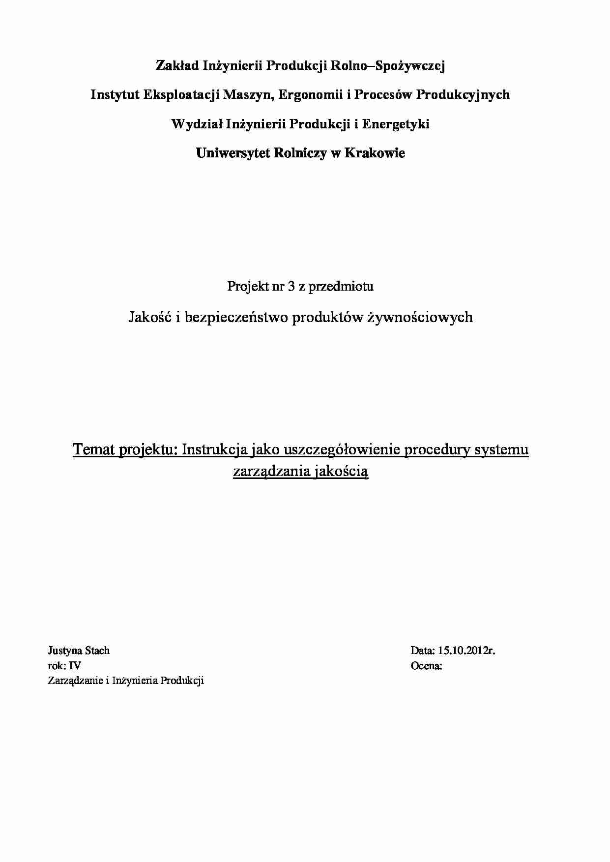 Instrukcja jako uszczegółowienie procedury systemu zarządzania jakością - strona 1