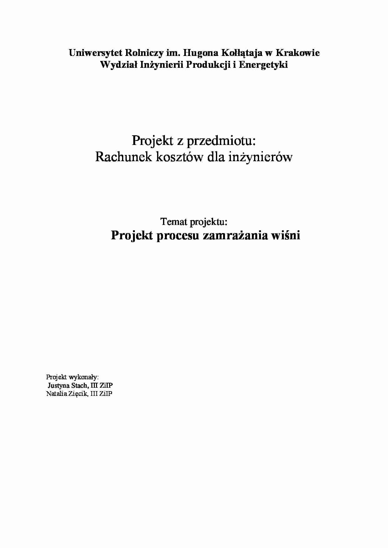 Projekt procesu zamrażania wiśni - Rachunek kosztów - strona 1