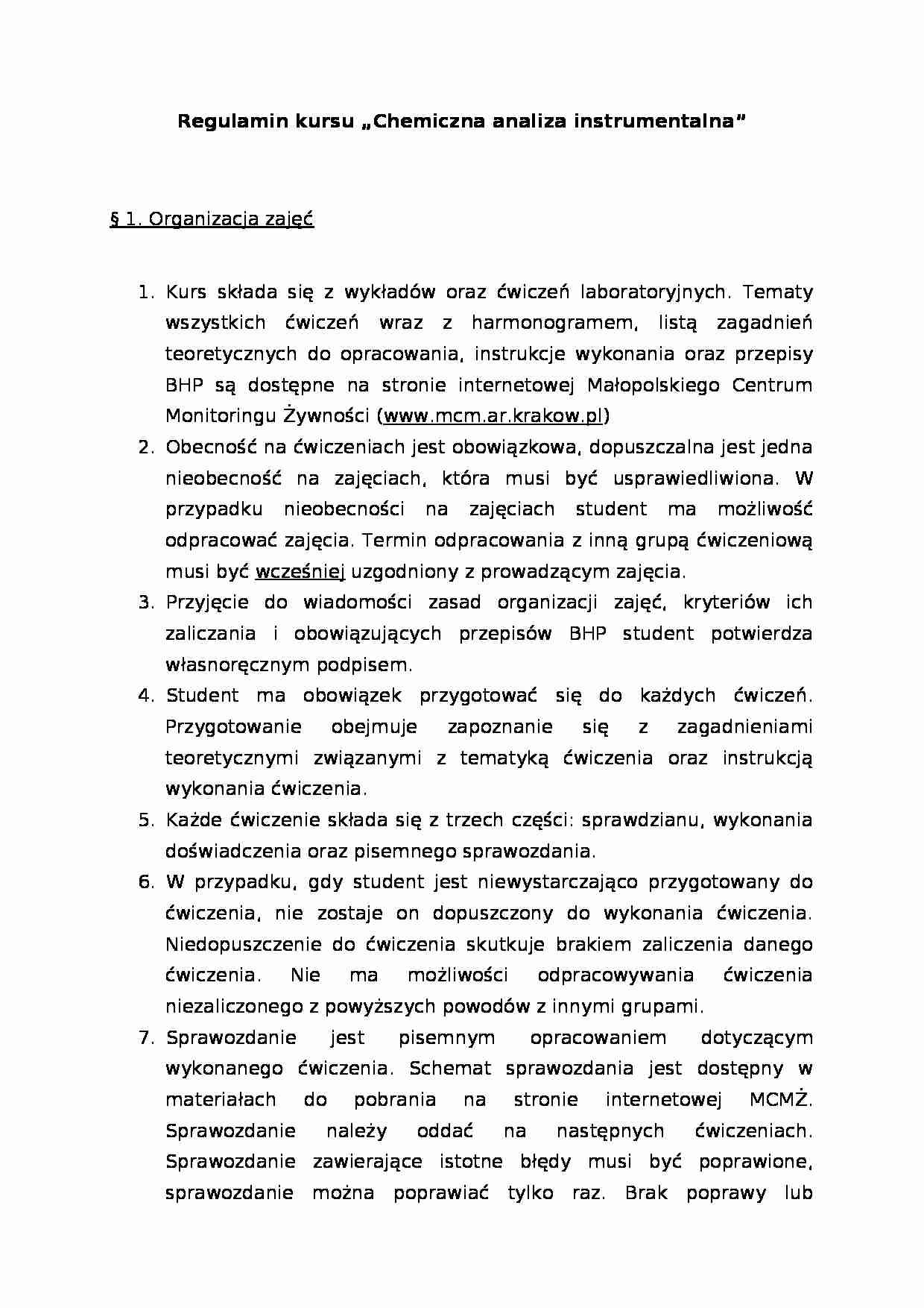 regulamin kursu Chemiczna analiza instrumentalna - strona 1