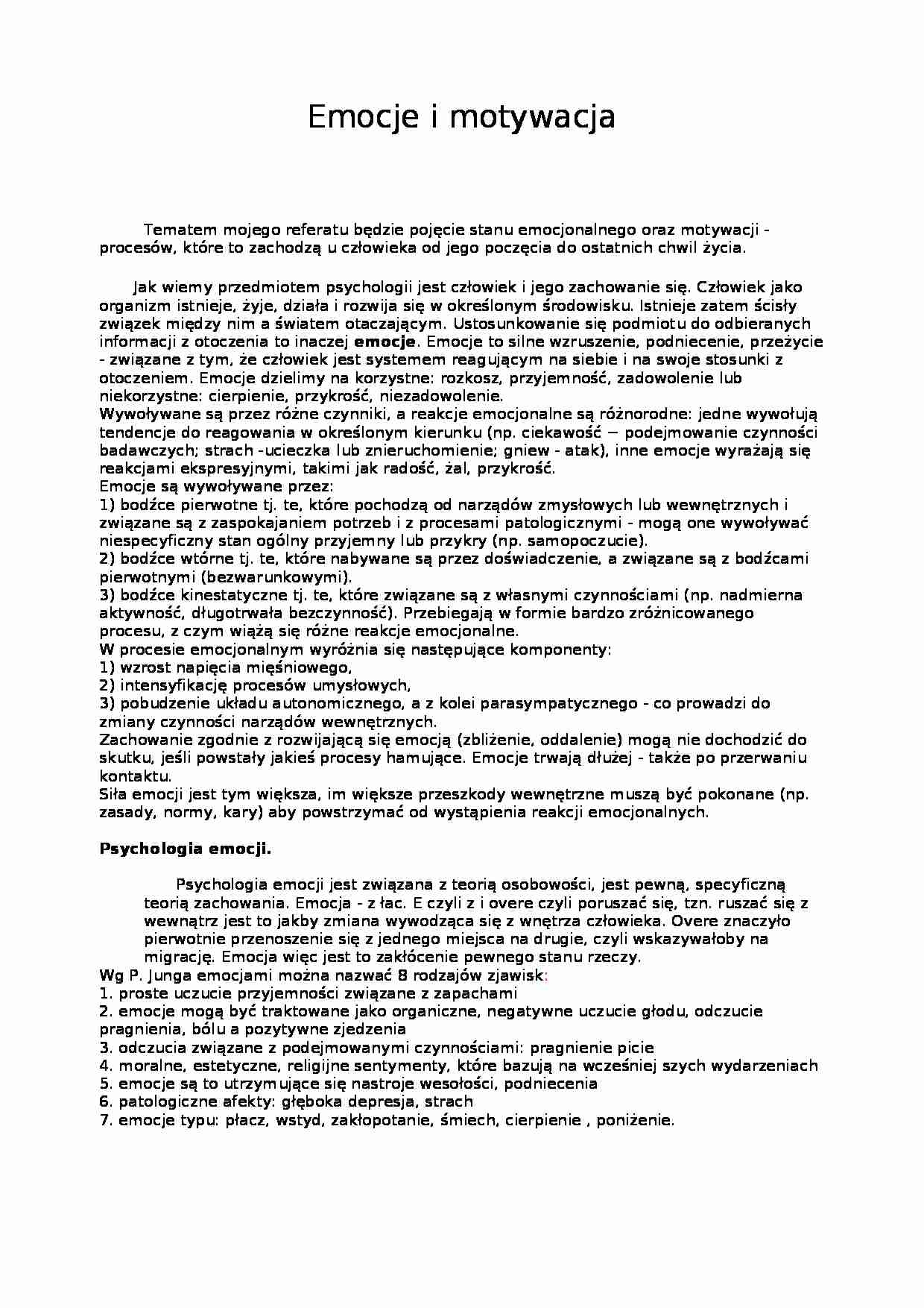 Emocje i motywacja - referat - strona 1