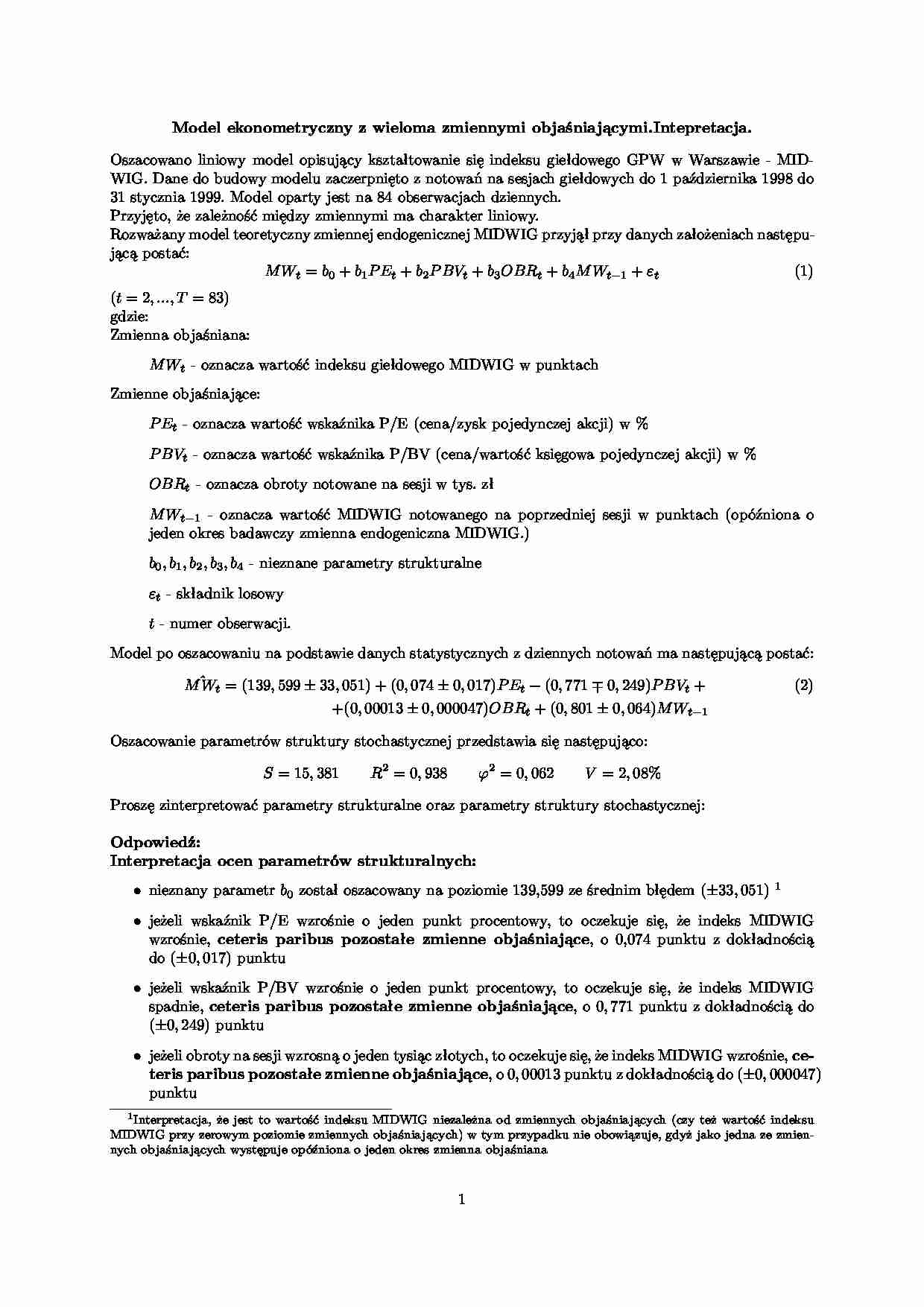 Model ekonometryczny z wieloma zmiennymi objaśniającymi - strona 1