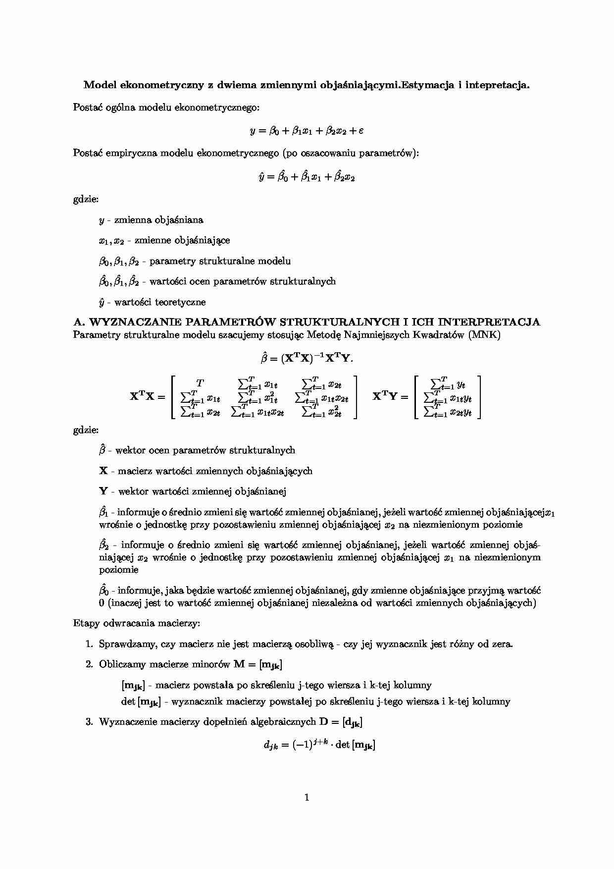 Model ekonometryczny z dwiema zmiennymi objaśniającymi - parametry strukturalne - strona 1