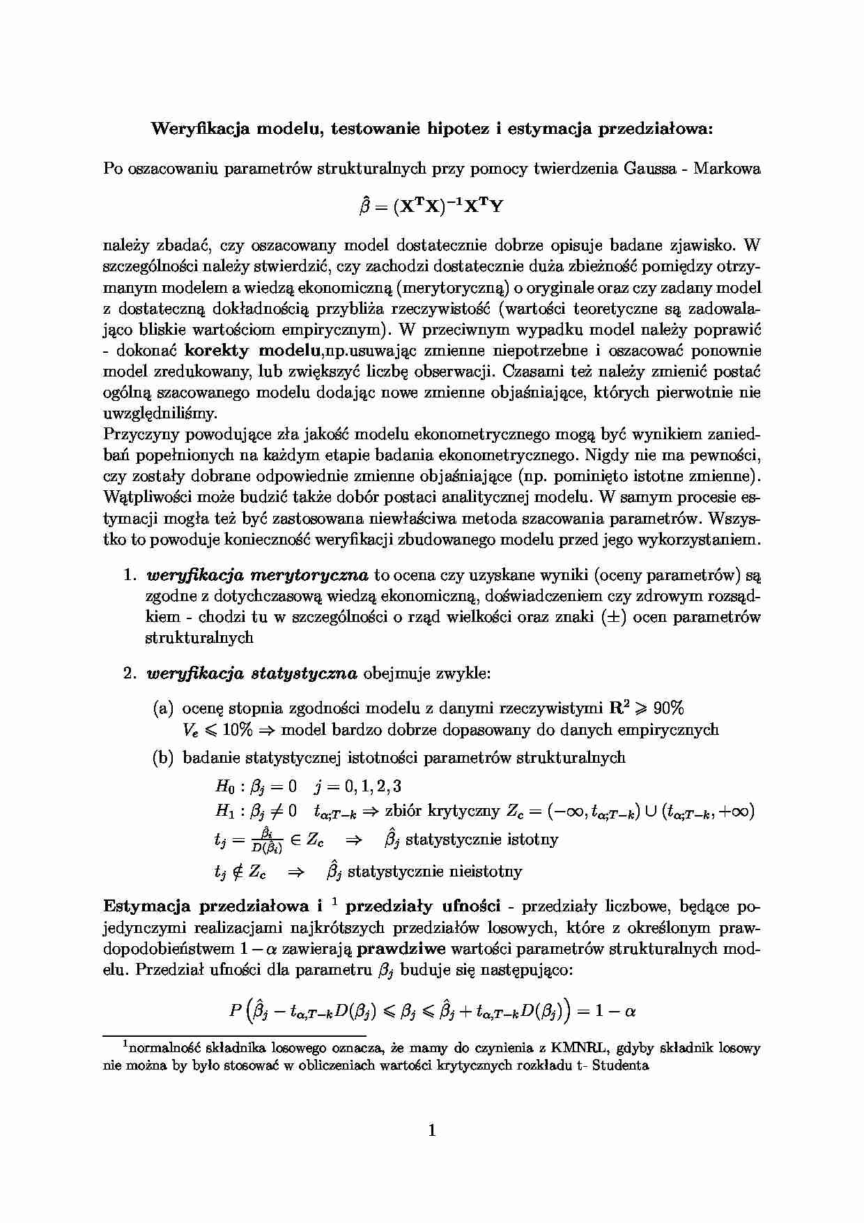 Weryﬁkacja modelu, testowanie hipotez i estymacja przedziałowa - strona 1