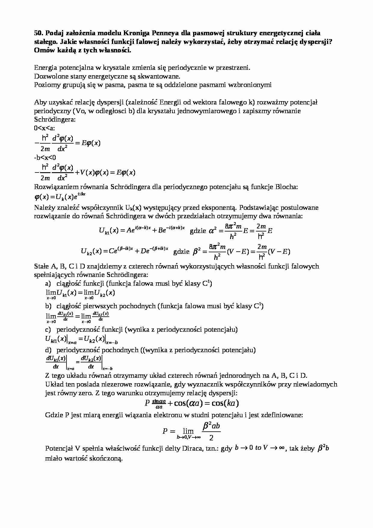 założenia modelu kroniga penneya dla pasmowej struktury energetycznej ciała stałego - strona 1