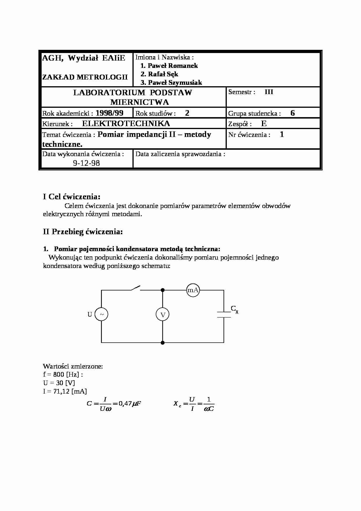 Pomiar impedancji II - metody techniczne - strona 1