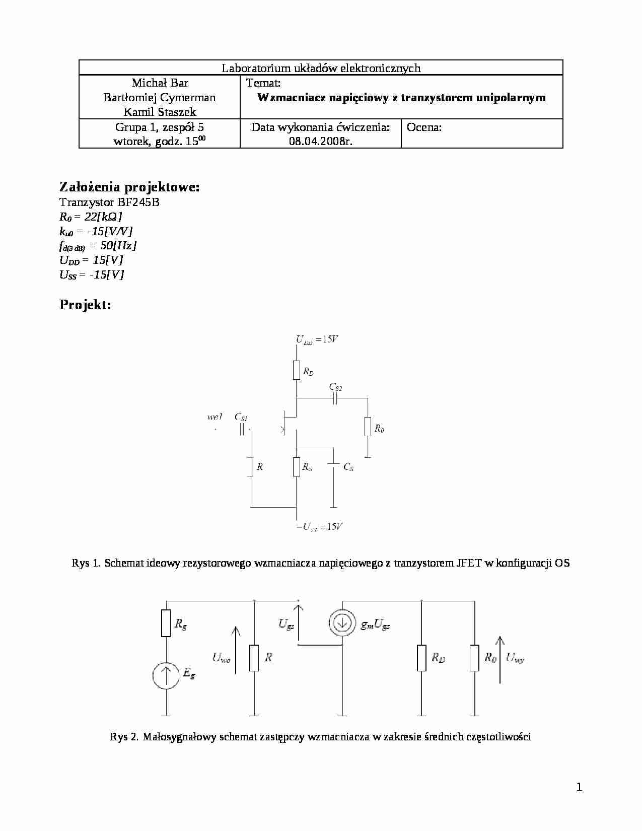 Wzmacniacz napięciowy z tranzystorem unipolarnym  - strona 1