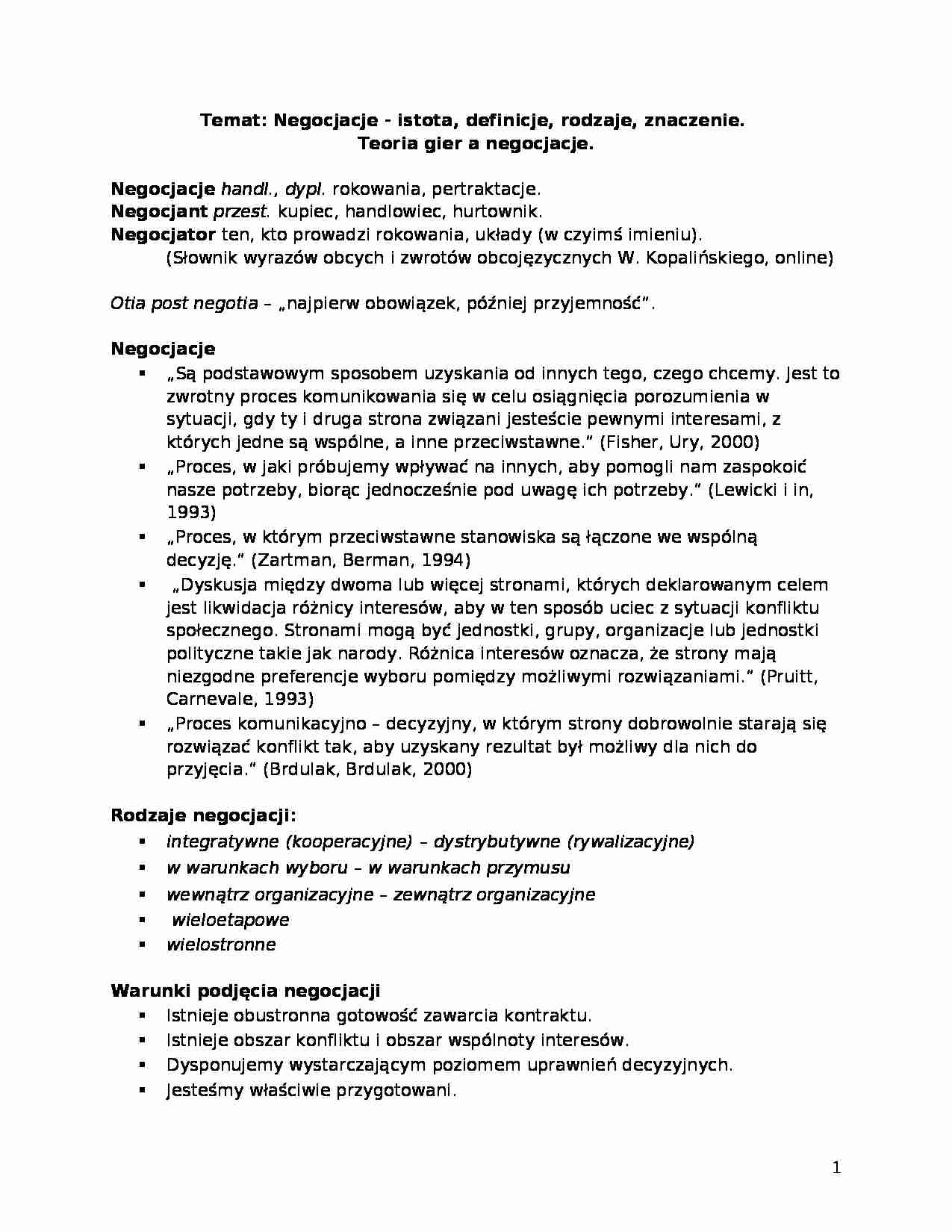 Negocjacje - istota, definicje, rodzaje, znaczenie - strona 1