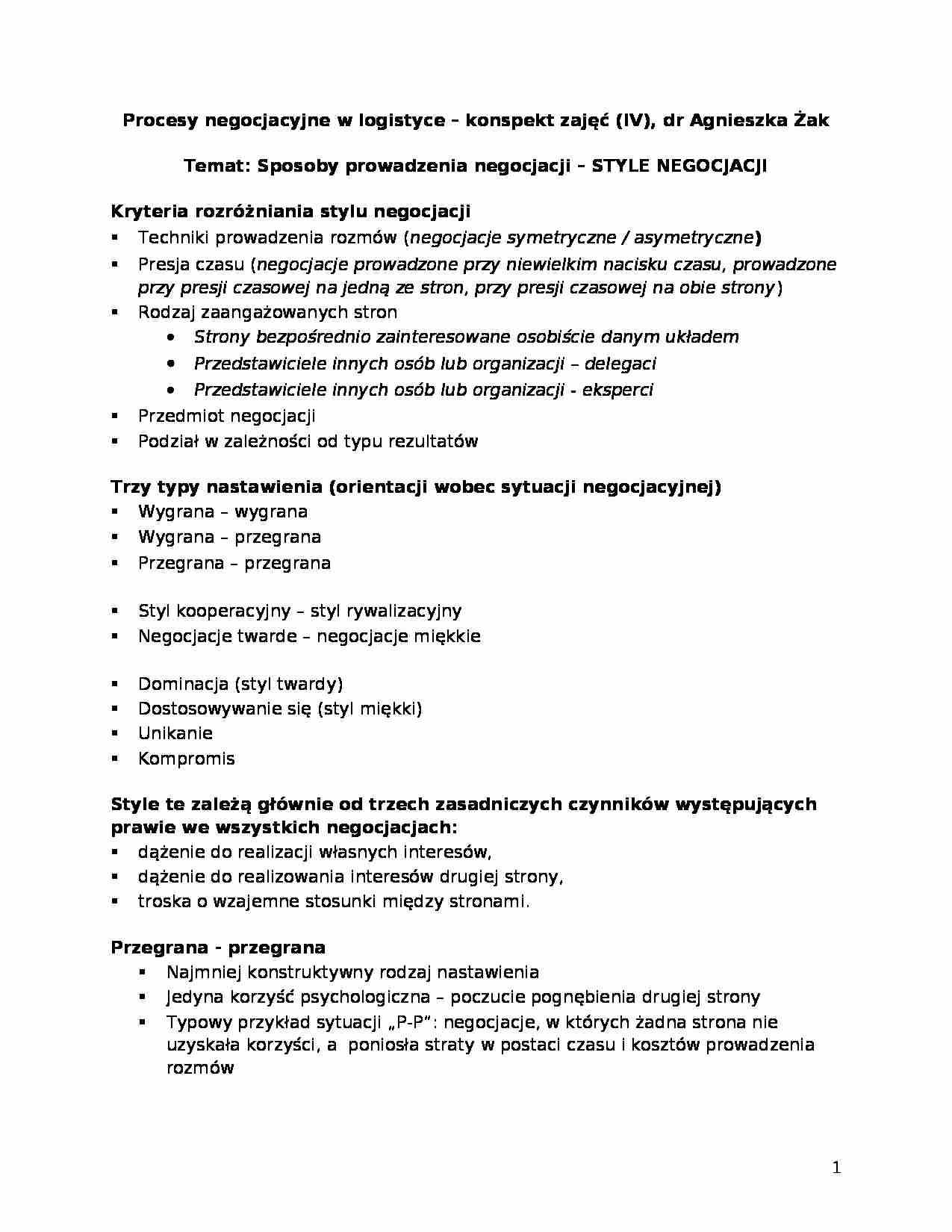 Style negocjacji -  Procesy negocjacyjne w logistyce - strona 1
