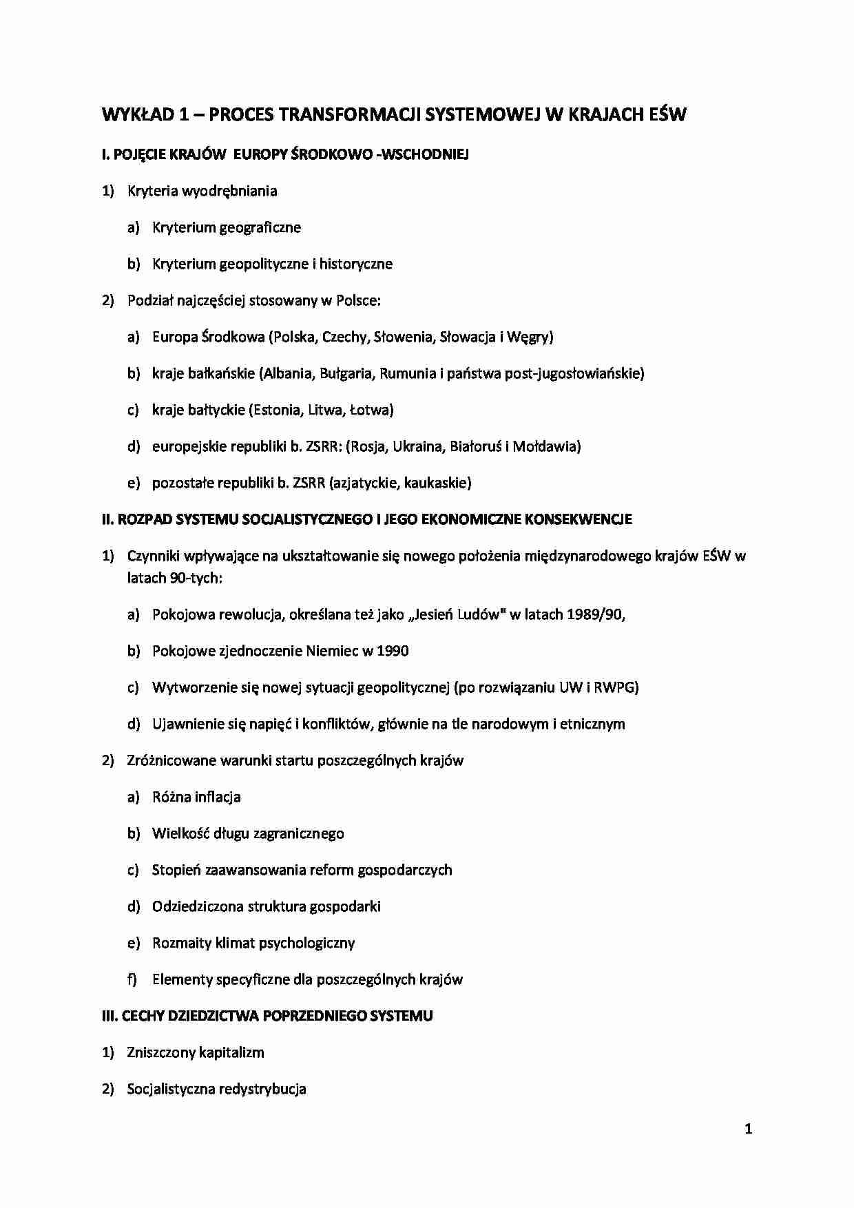 PROCES TRANSFORMACJI SYSTEMOWEJ W KRAJACH EŚW - strona 1