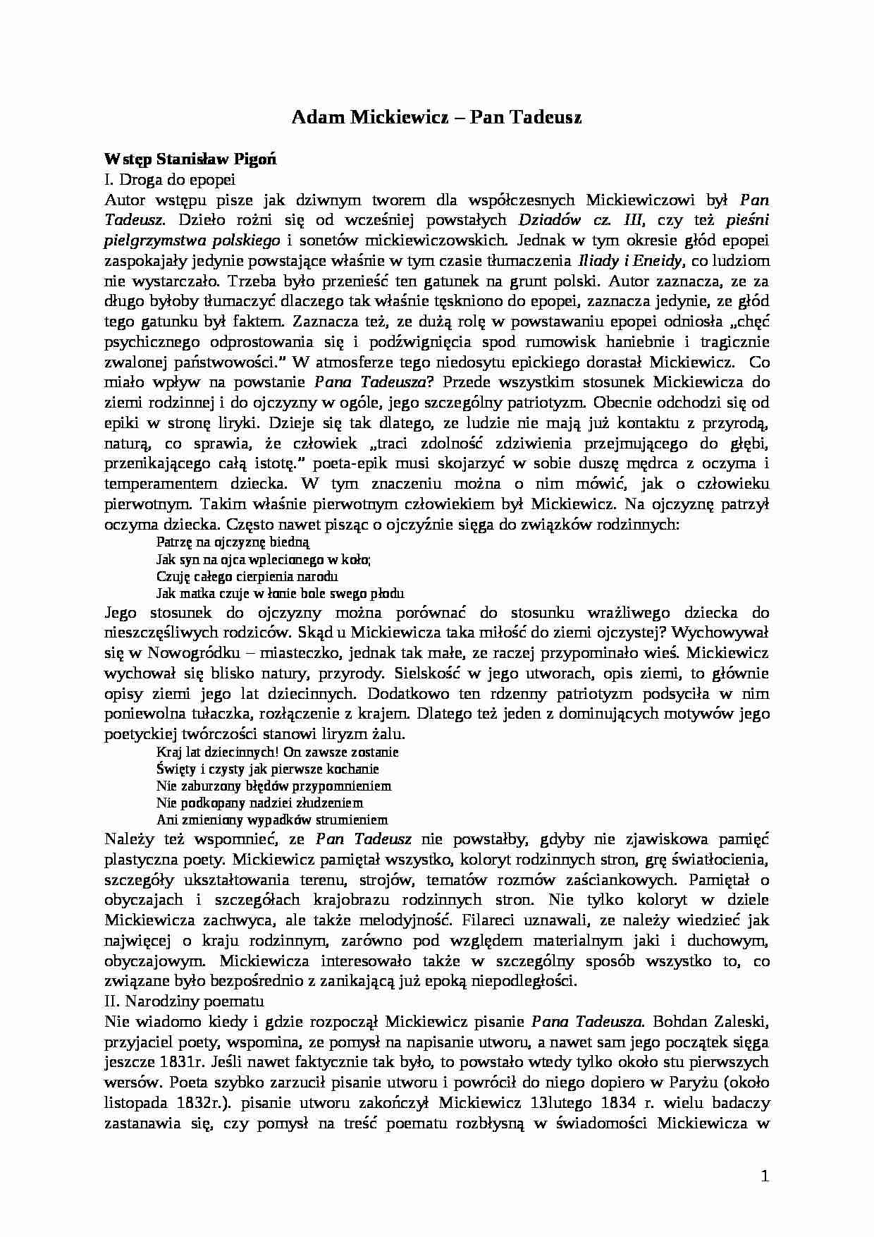 Pan Tadeusz - wstęp i streszczenie - strona 1