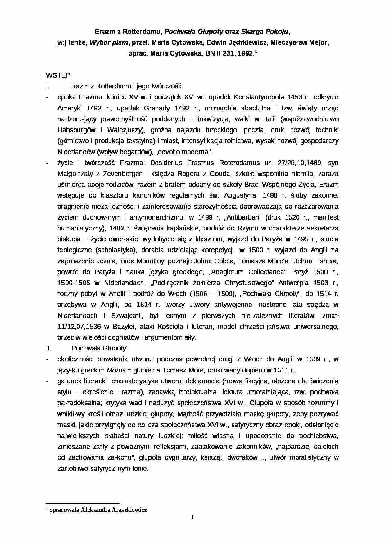 Erazm Pochwała głupoty i skarga pokoju - strona 1