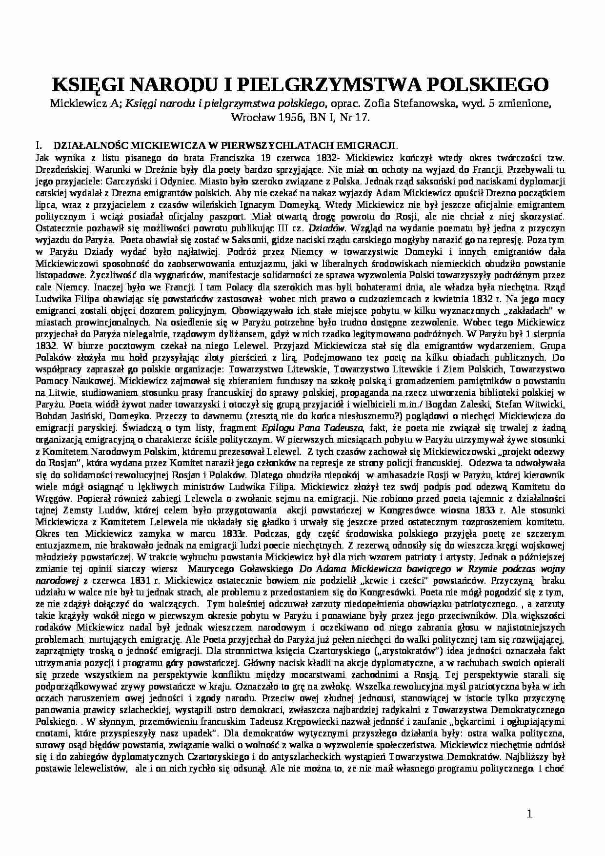 Księgi narodu i pielgrzymstwa polskiego - działalność Mickiewicza - strona 1
