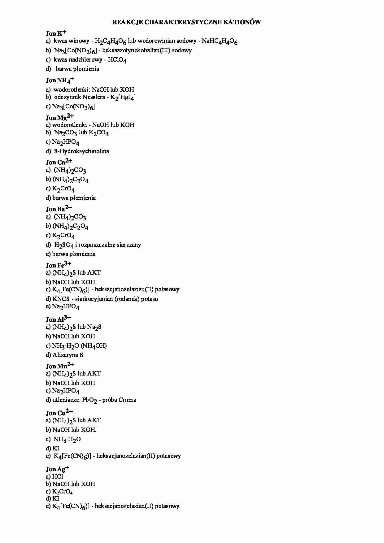 Reakcje charakterystyczne kationów - strona 1