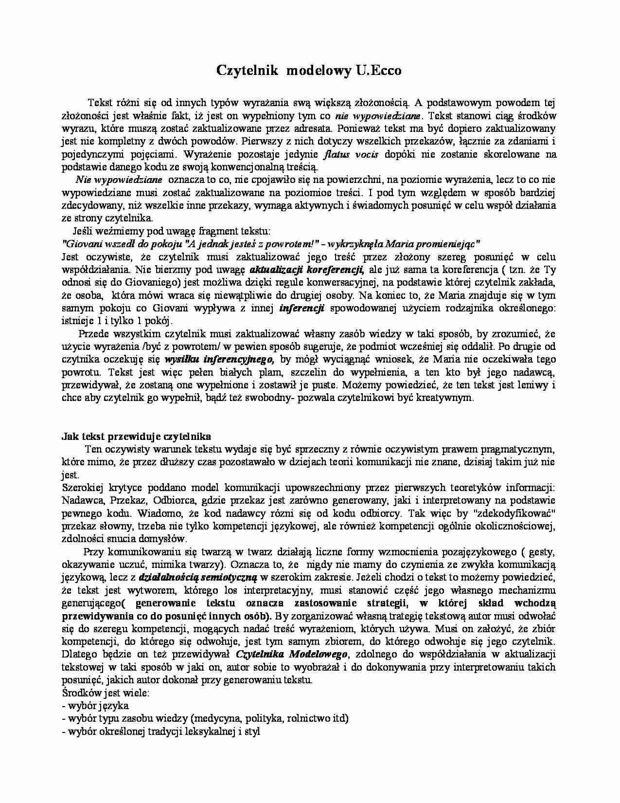 U. Eco - Czytelnik  modelowy - strona 1