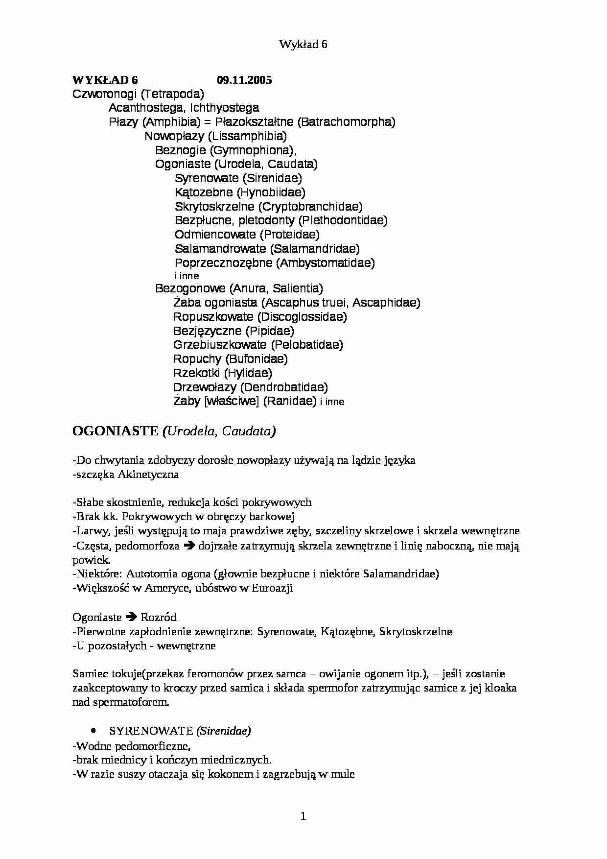 Zoologia kręgowców - wykład 6 - strona 1
