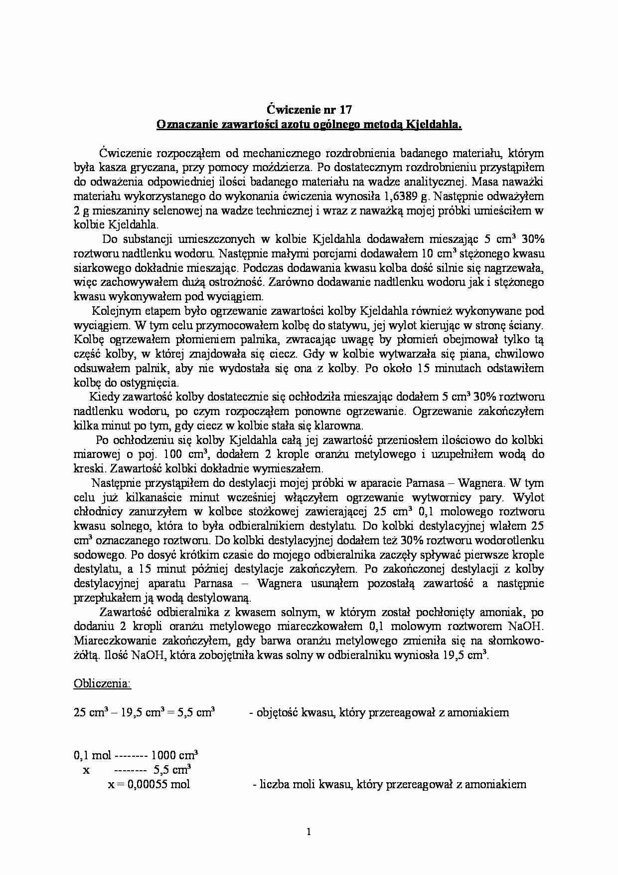 Sprawozdanie z  oznaczania zawartości azotu - strona 1