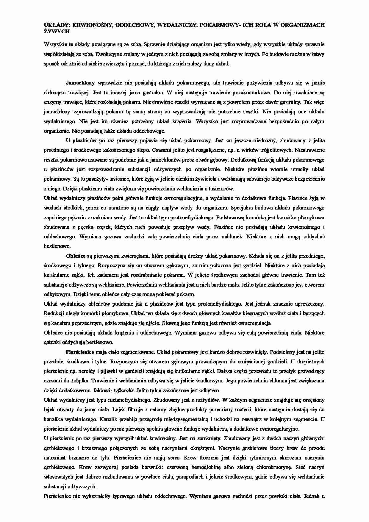 Układ krwionośny, oddechowy, wydalniczy, pokarmowy - strona 1