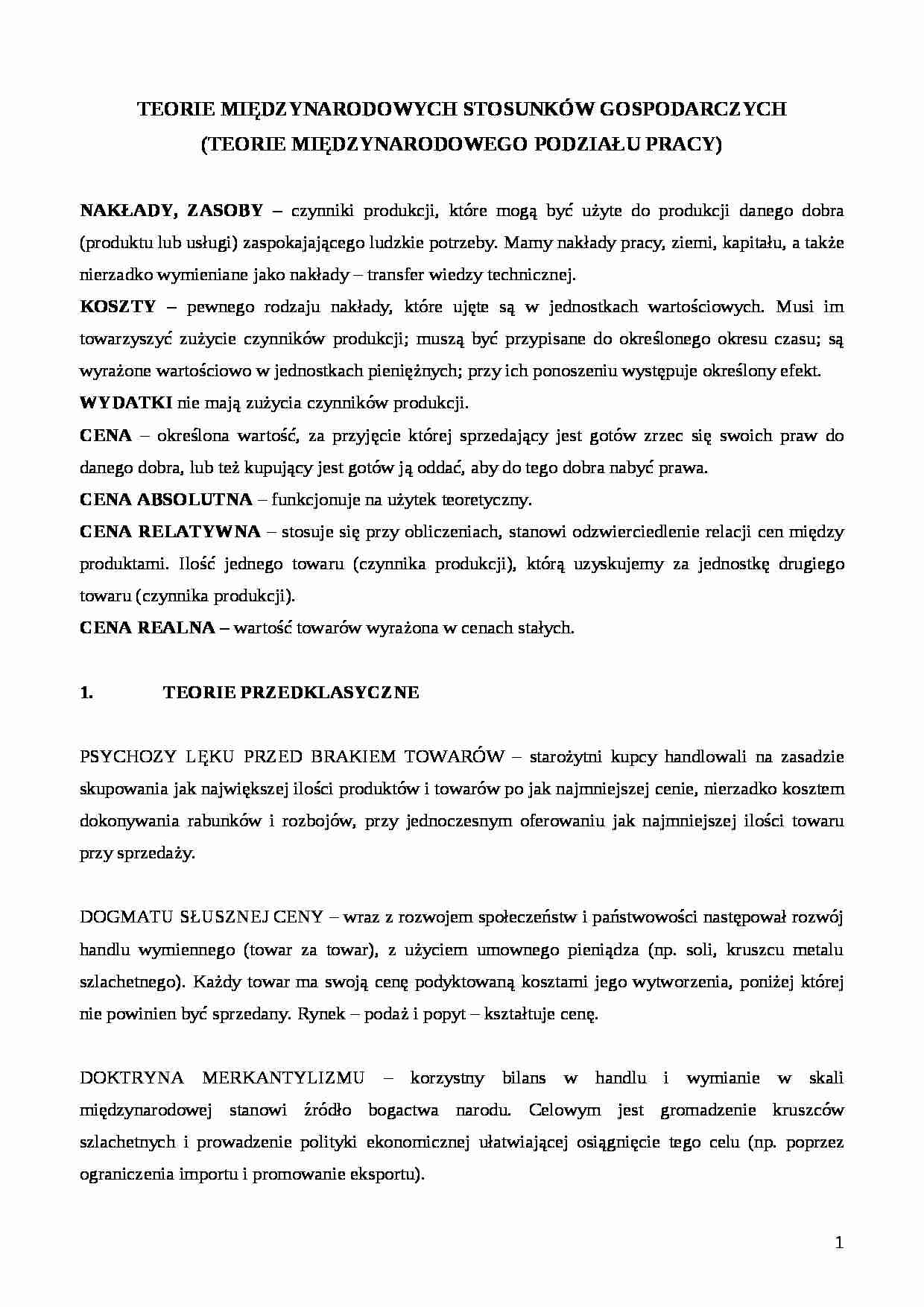 Teorie Miedzynarodowych Stosunkow Gospodarczych - pojecia - strona 1