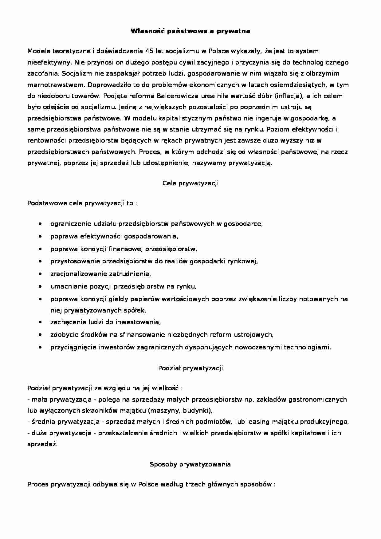 Prywatyzacja - cele i podział - strona 1