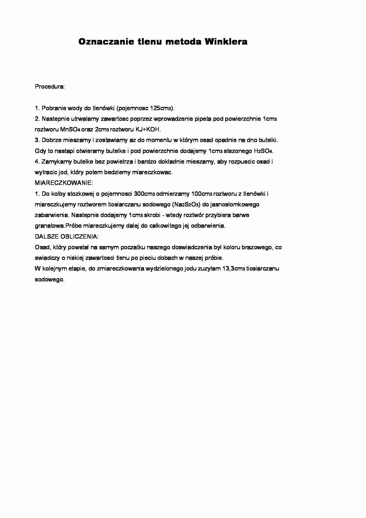 Oznaczanie tlenu metoda Winklera - strona 1