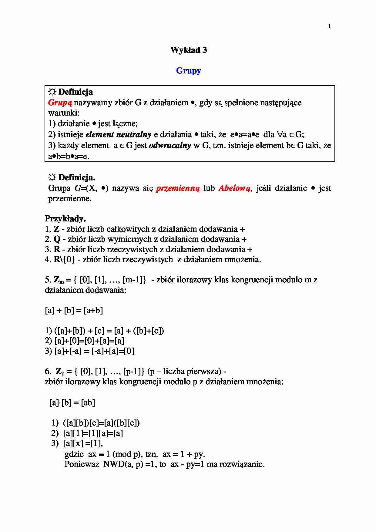 Algebra, grupy - wykład 3 - strona 1